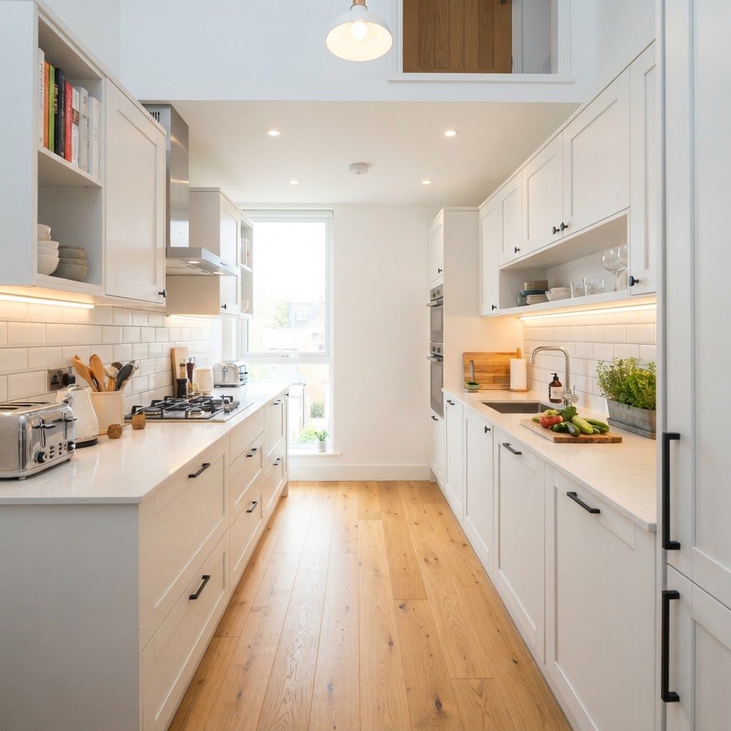 Maximize your galley kitchen with smart vertical storage and lighting.