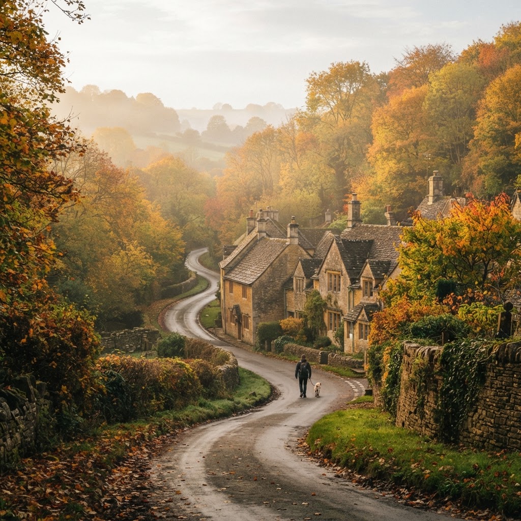 The morning mist and autumn light create a dreamlike atmosphere in the Cotswolds.