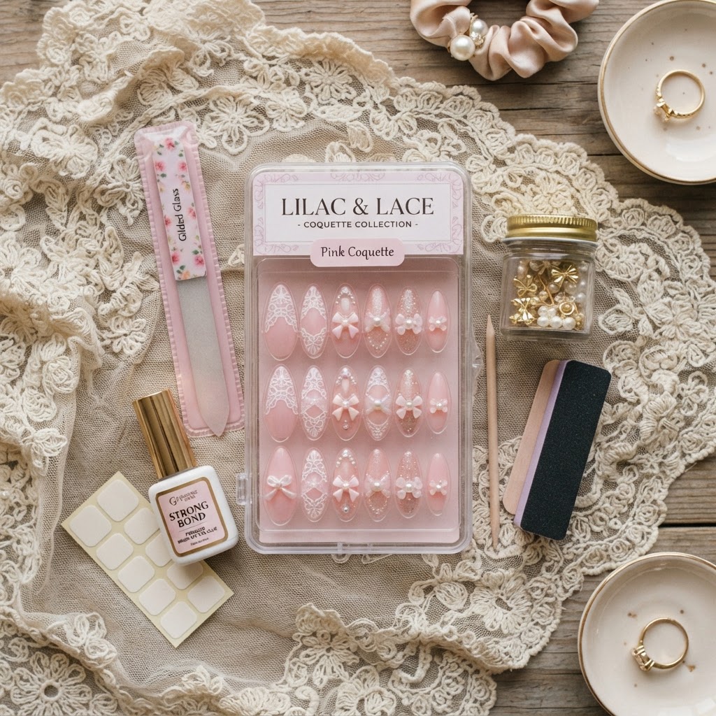Essential tools for a perfect at-home press-on manicure setup.