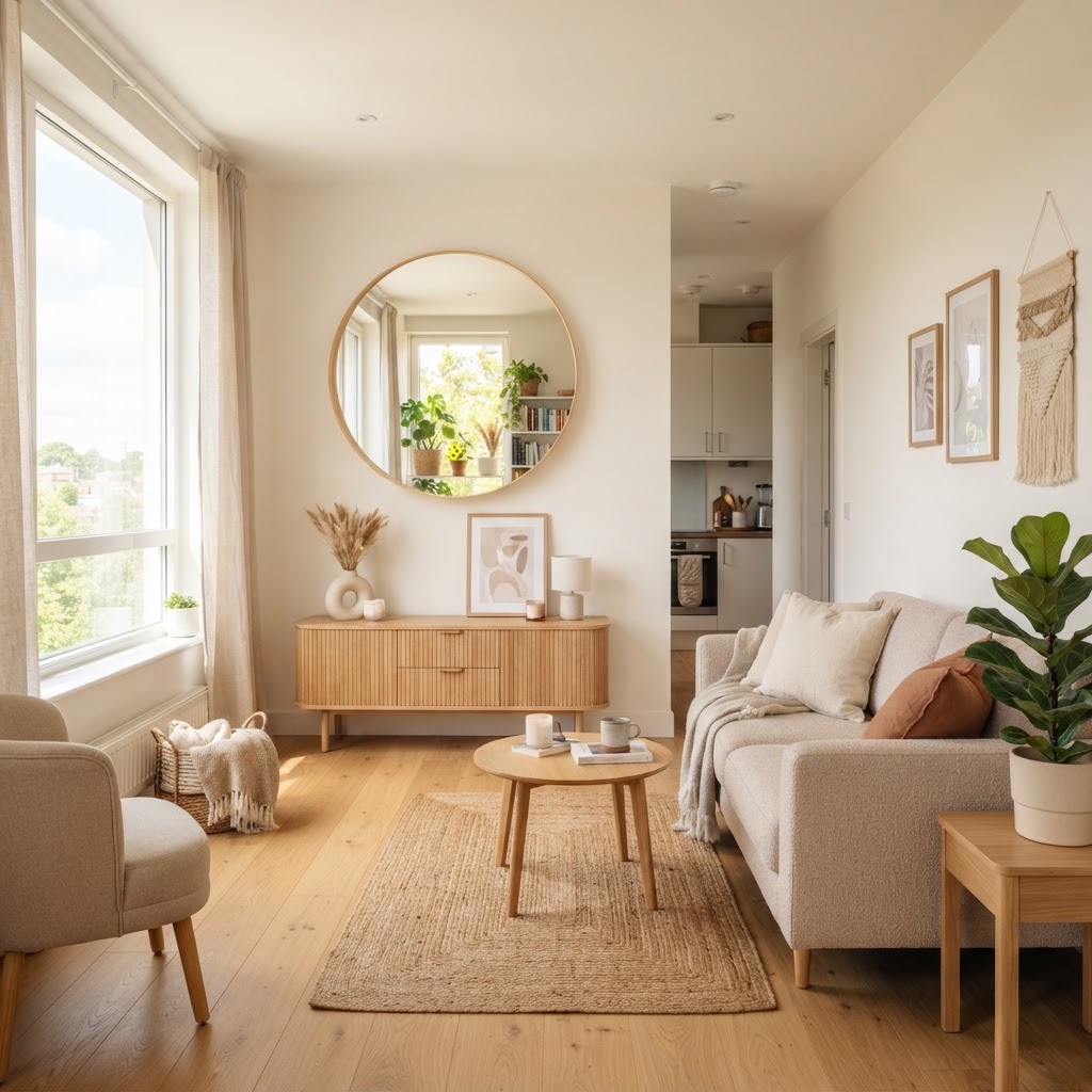 Strategic use of mirrors and light to maximize a small living room.