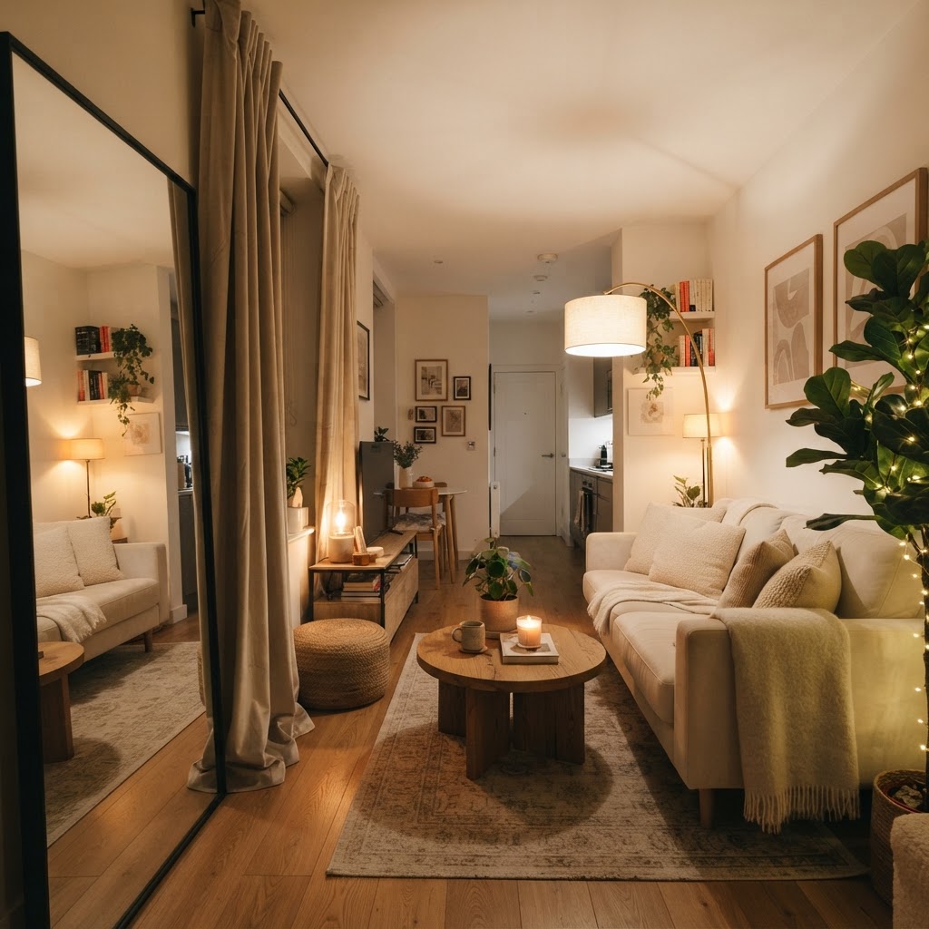 Large mirrors and floor-length curtains instantly elevate any small living area.