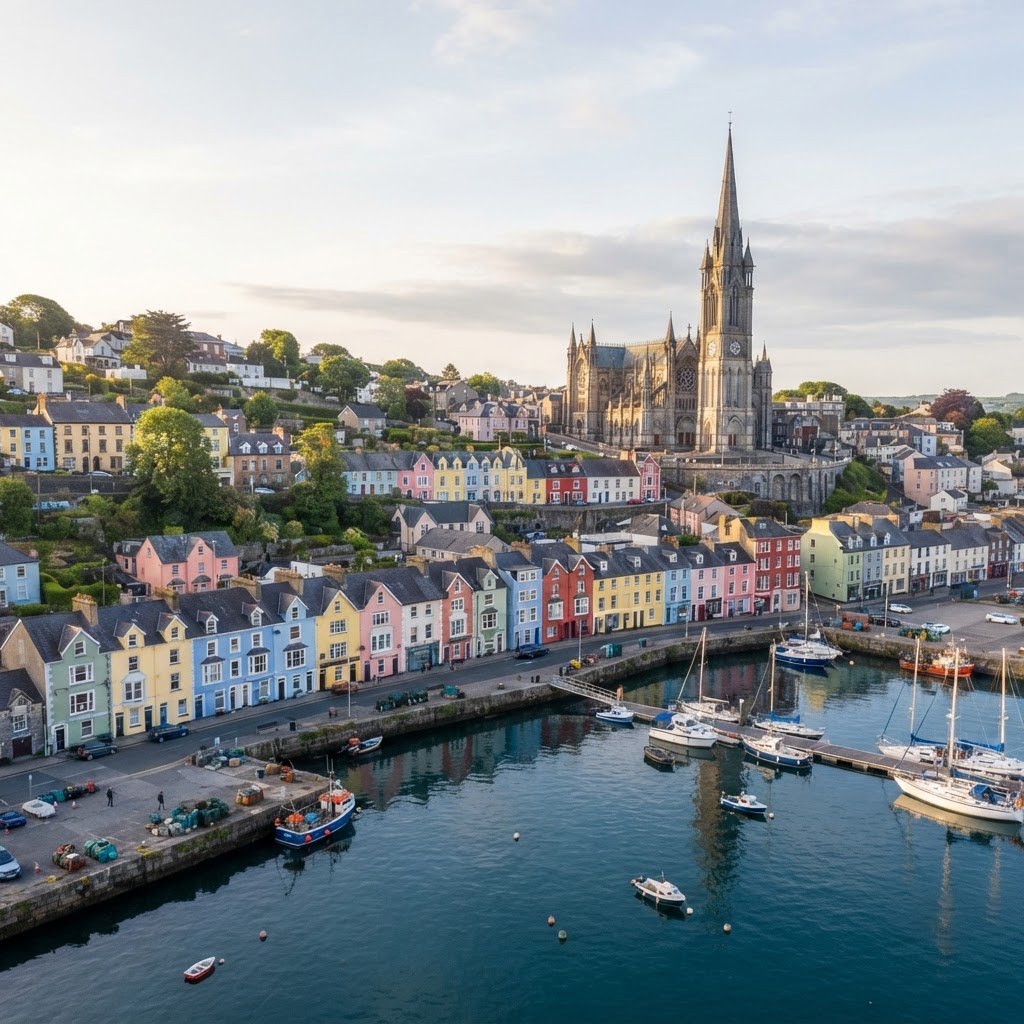 The iconic colorful harbor and cathedral in Cobh.