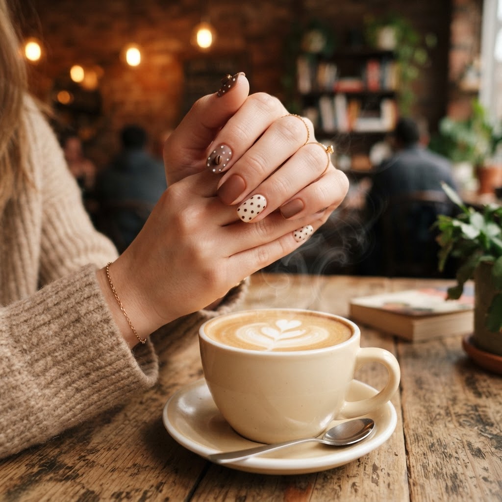Cozy coffee-themed press-on nails perfect for any season.