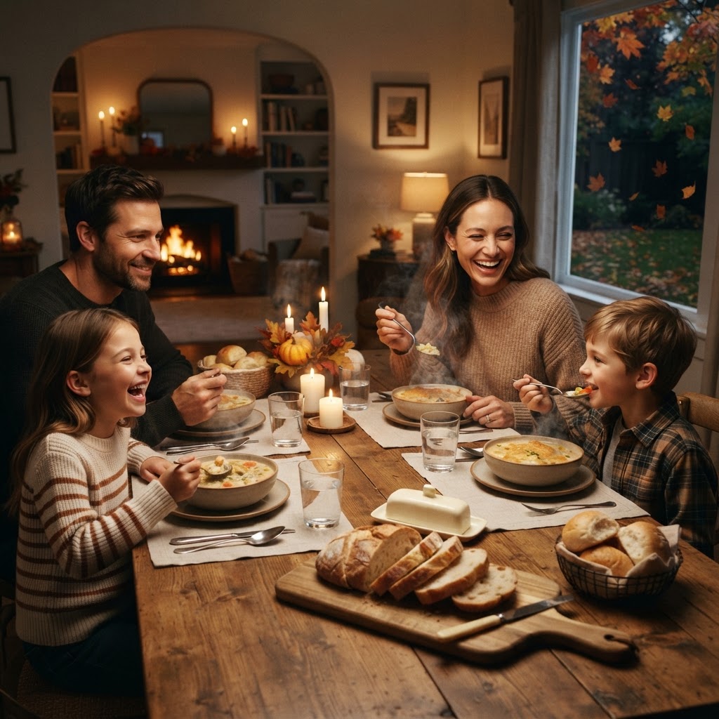 Enjoying a comforting meal with family.