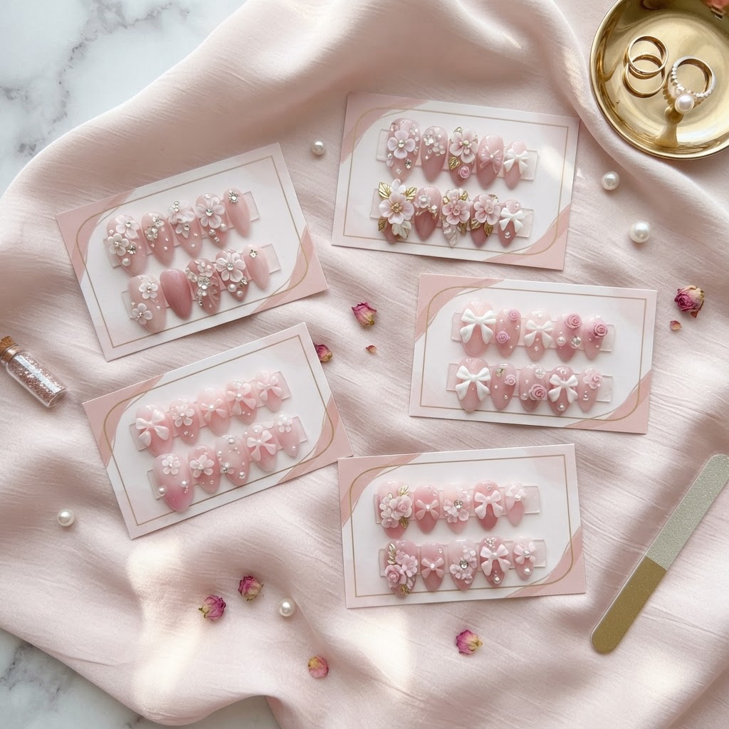 A collection of trendy 3D floral press-on nail sets.