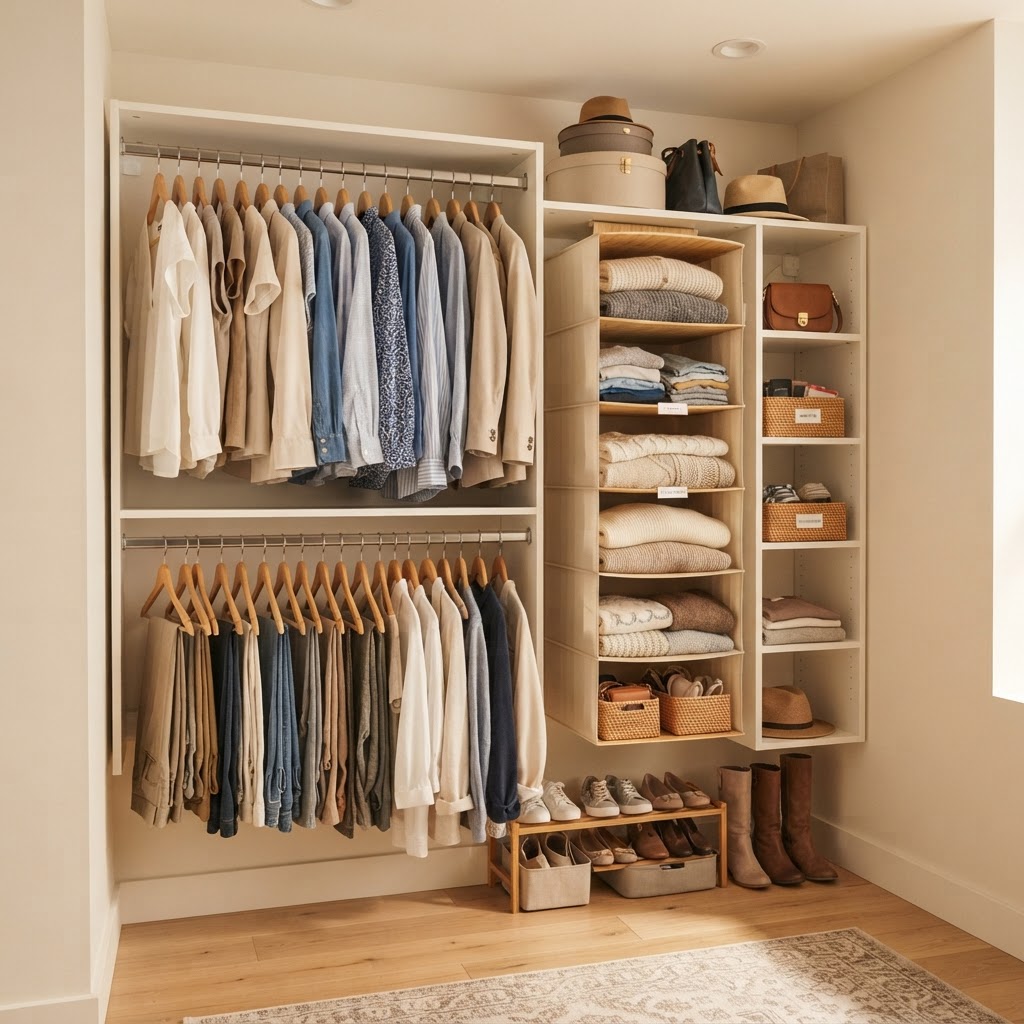 Double your closet capacity with simple hanging organizational systems.