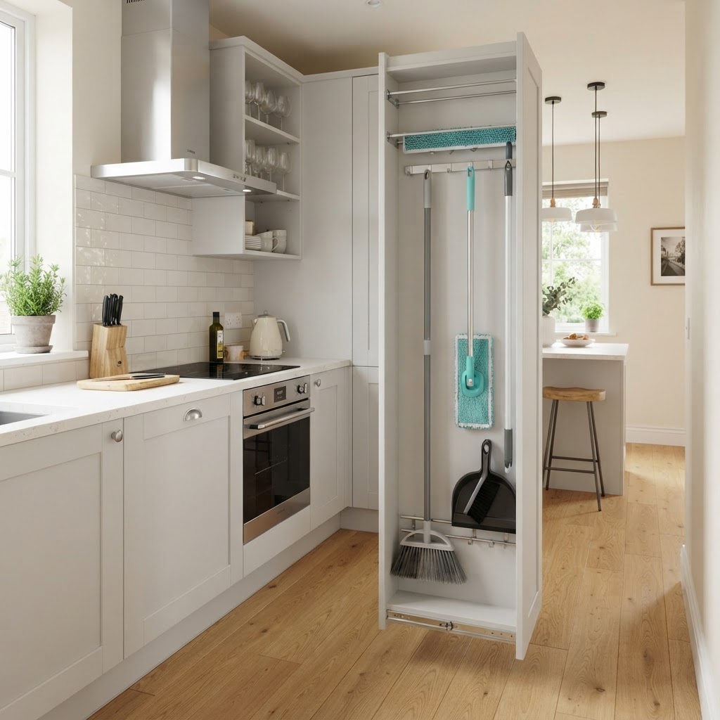A custom pull-out cabinet keeps long-handled cleaning tools hidden yet accessible.
