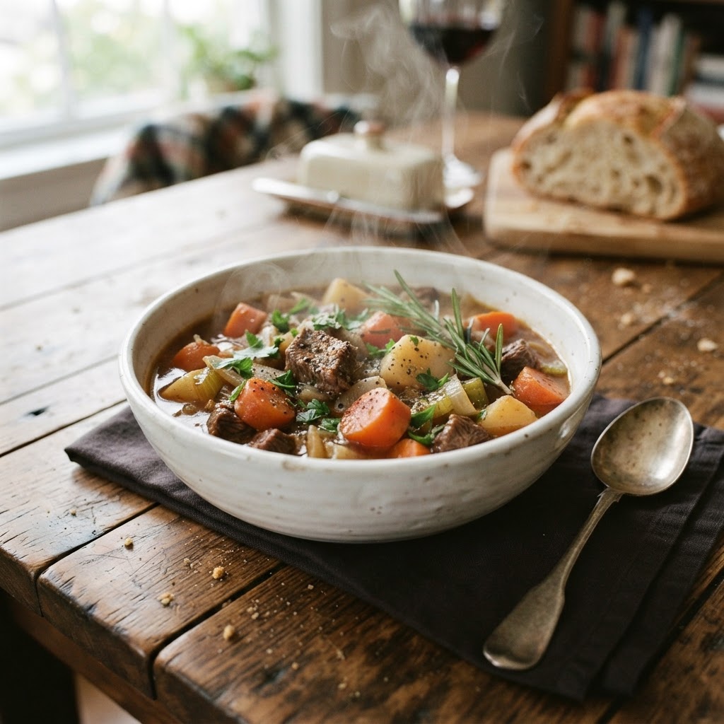 Classic slow cooker beef stew served in a ceramic bowl.