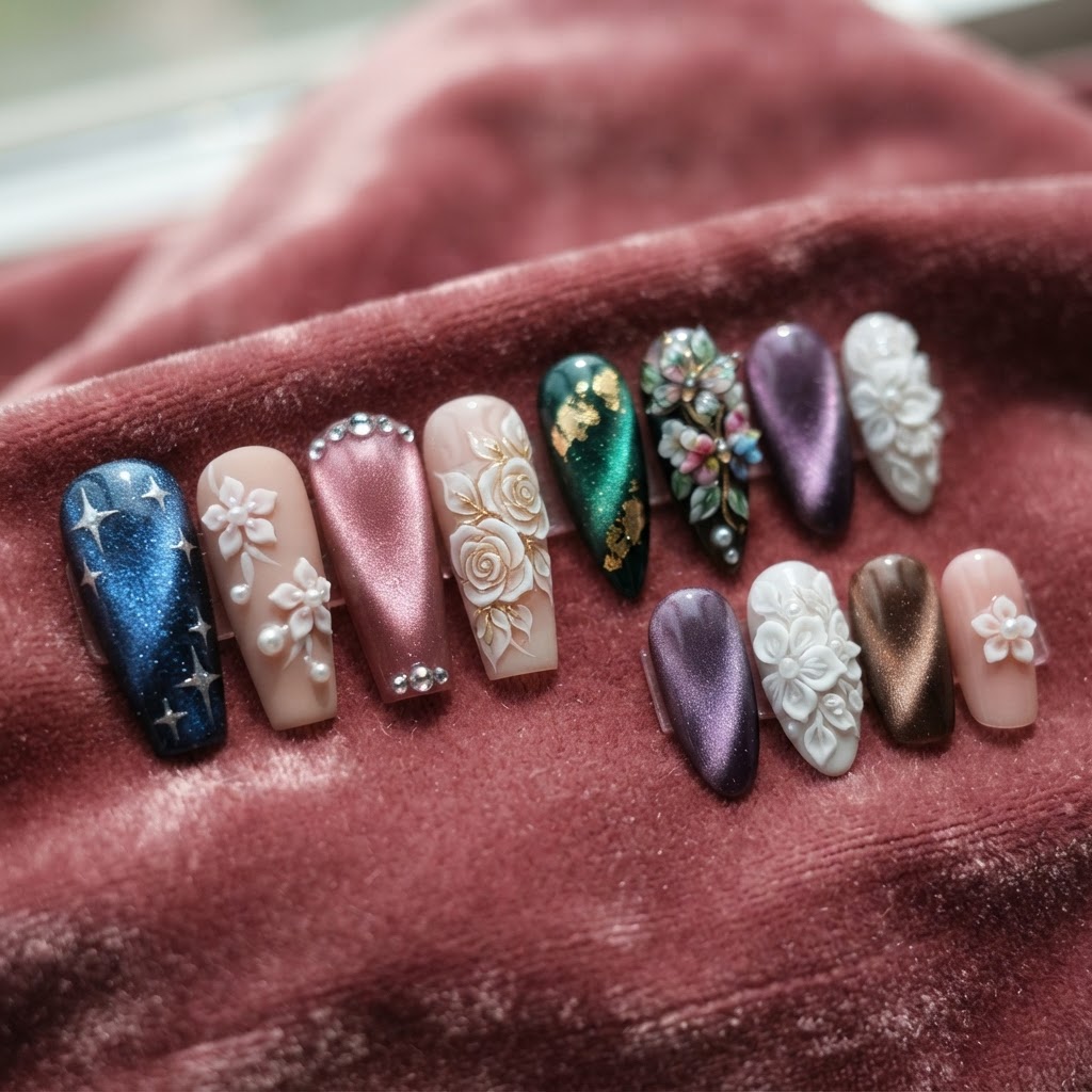 A diverse collection of elegant fake nails designs with cat-eye elements.