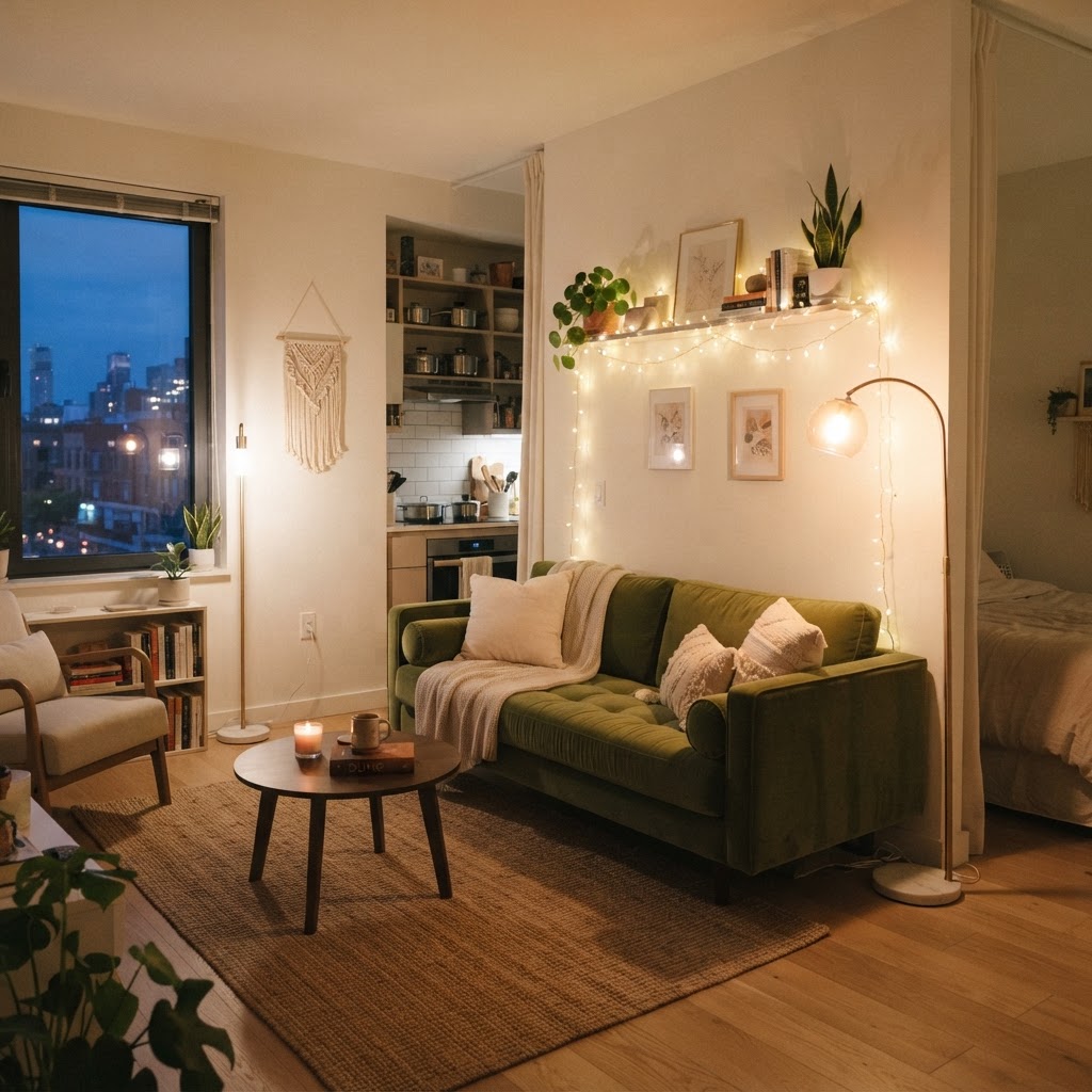 Warm mood lighting makes this small studio feel spacious and inviting.