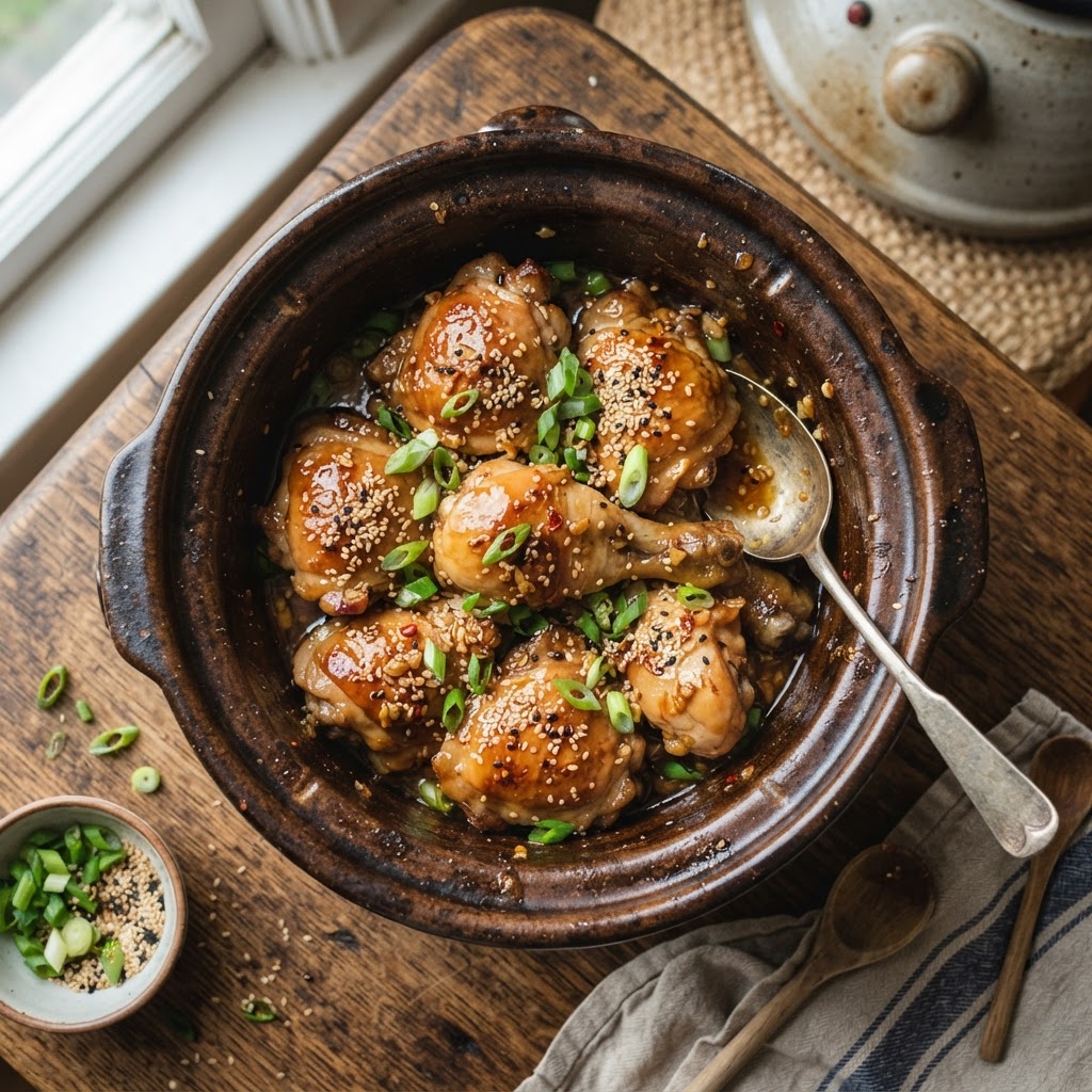 Juicy honey garlic chicken freshly cooked in the slow cooker.