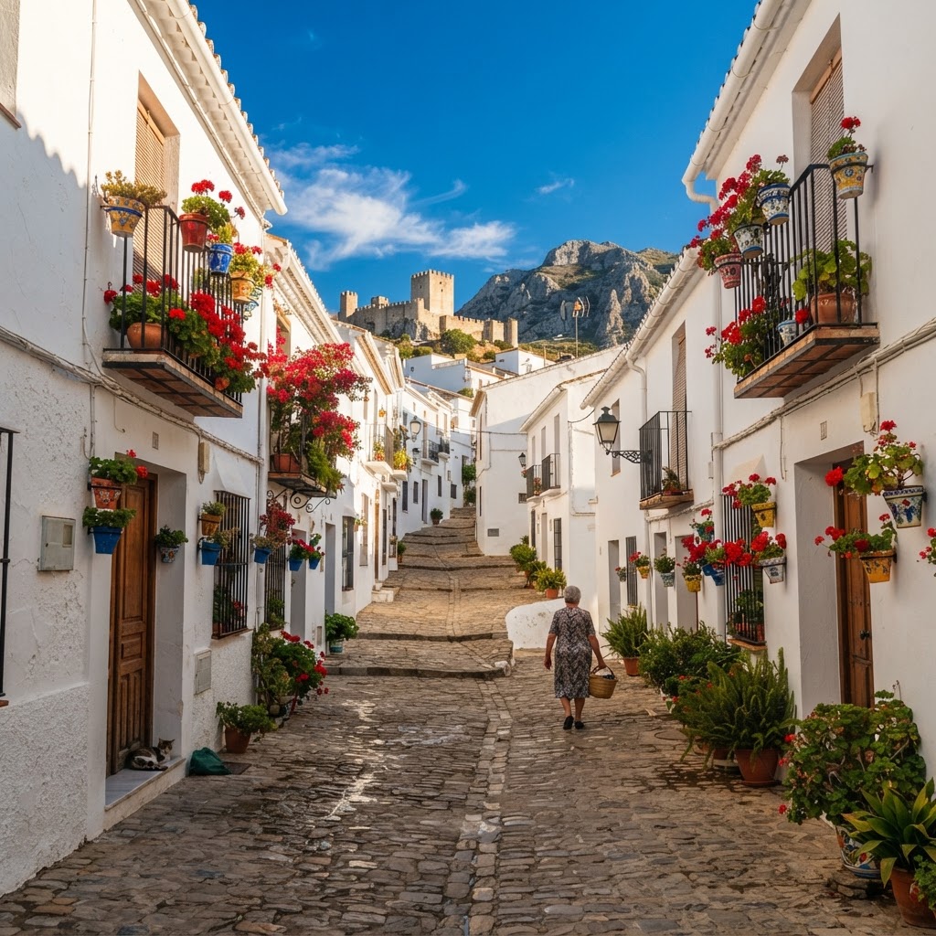 Typical narrow street in a white-washed village of Andalusia.