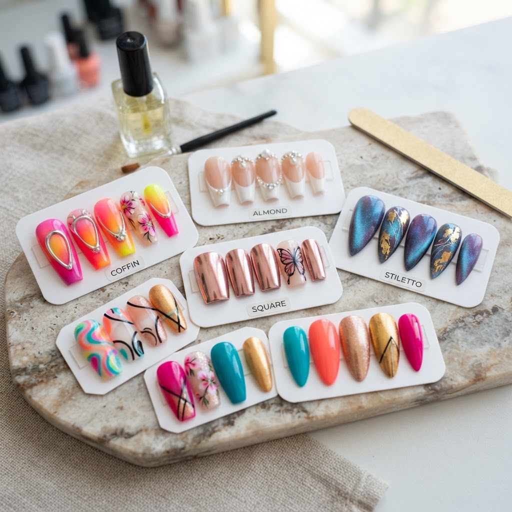 A wide variety of trendy press-on nail designs ready for application.