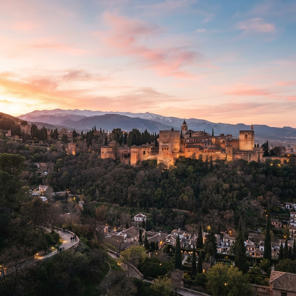 The magical, golden sunset over the Alhambra.