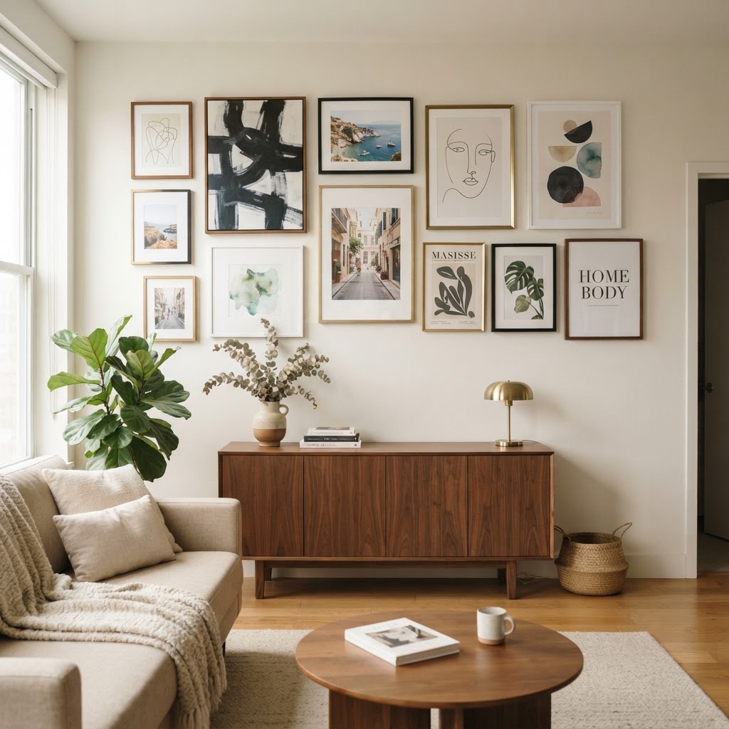A gallery wall adds personality and makes a room feel permanent and curated.
