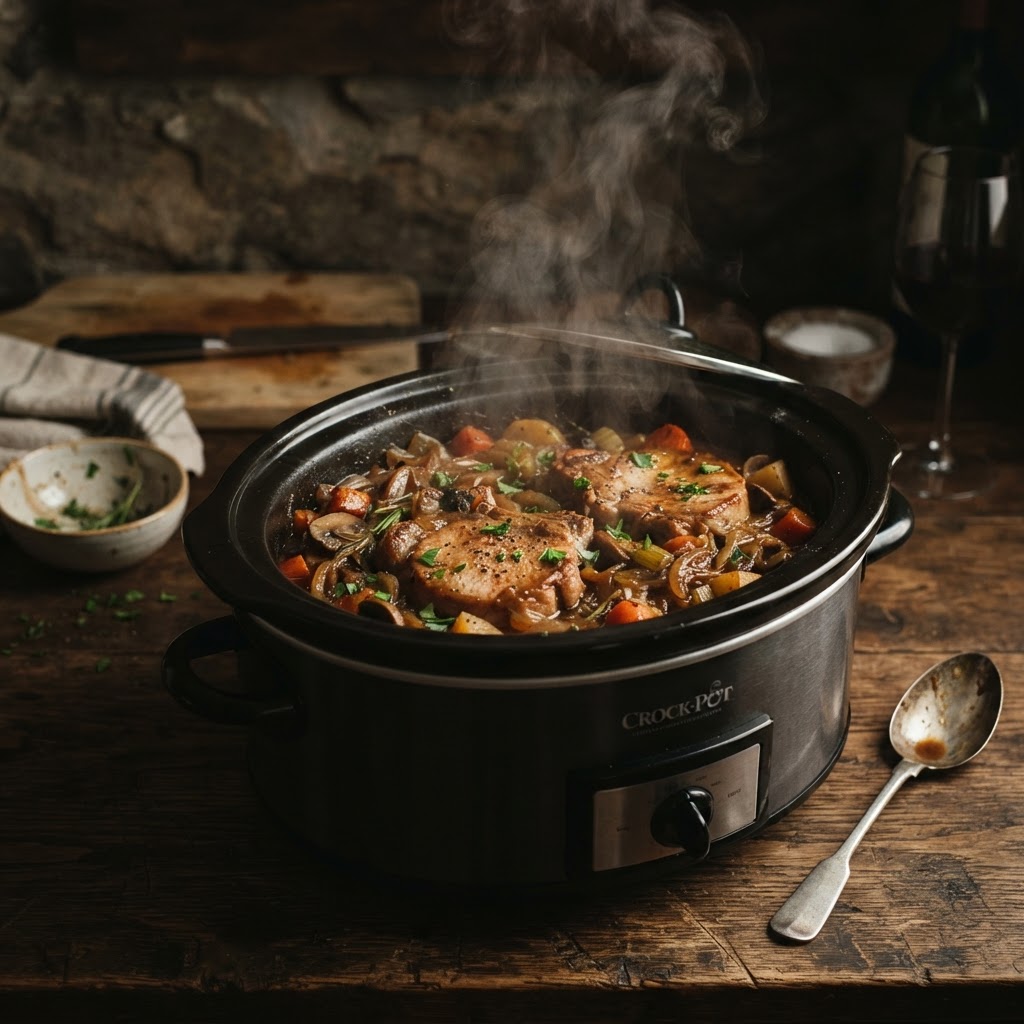 The convenience of an easy, all-in-one crockpot pork chop meal.