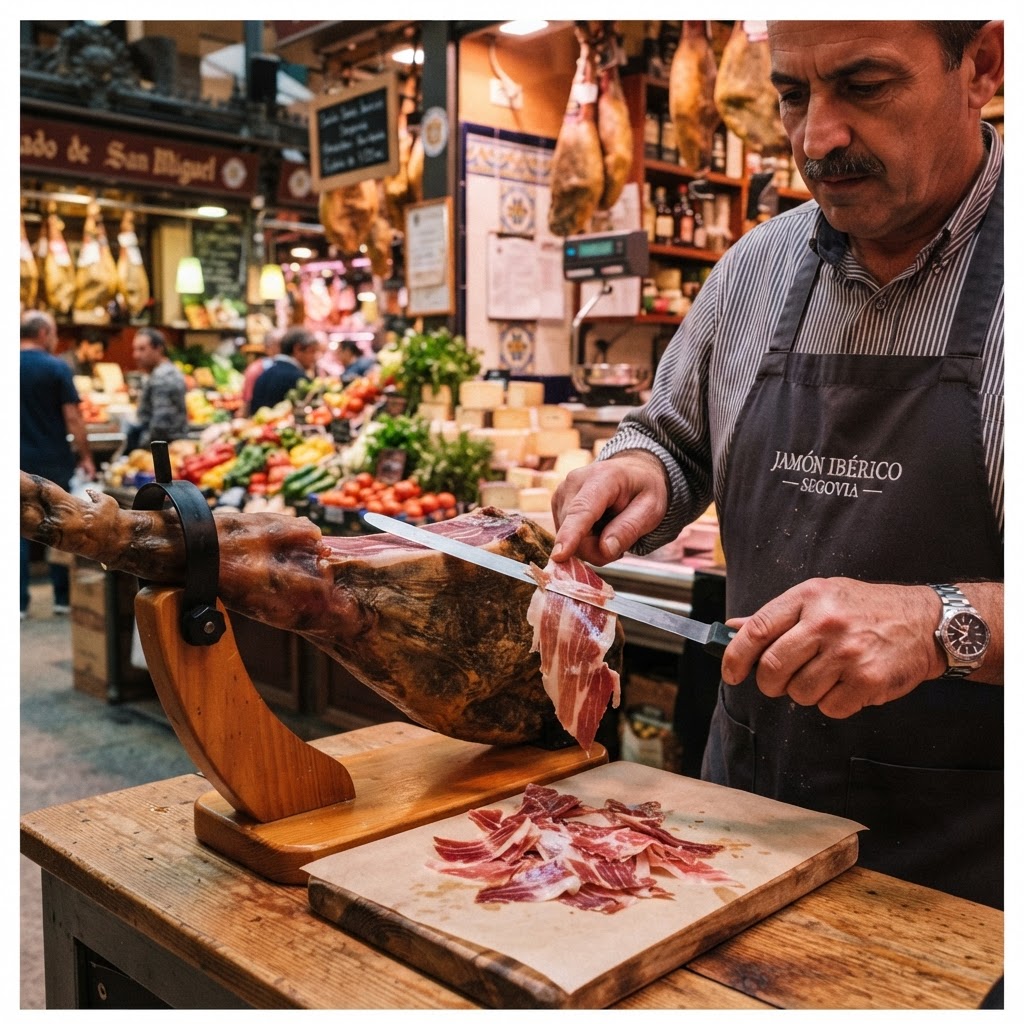 Masterfully sliced Jamón Ibérico, the star of Spanish gastronomy.