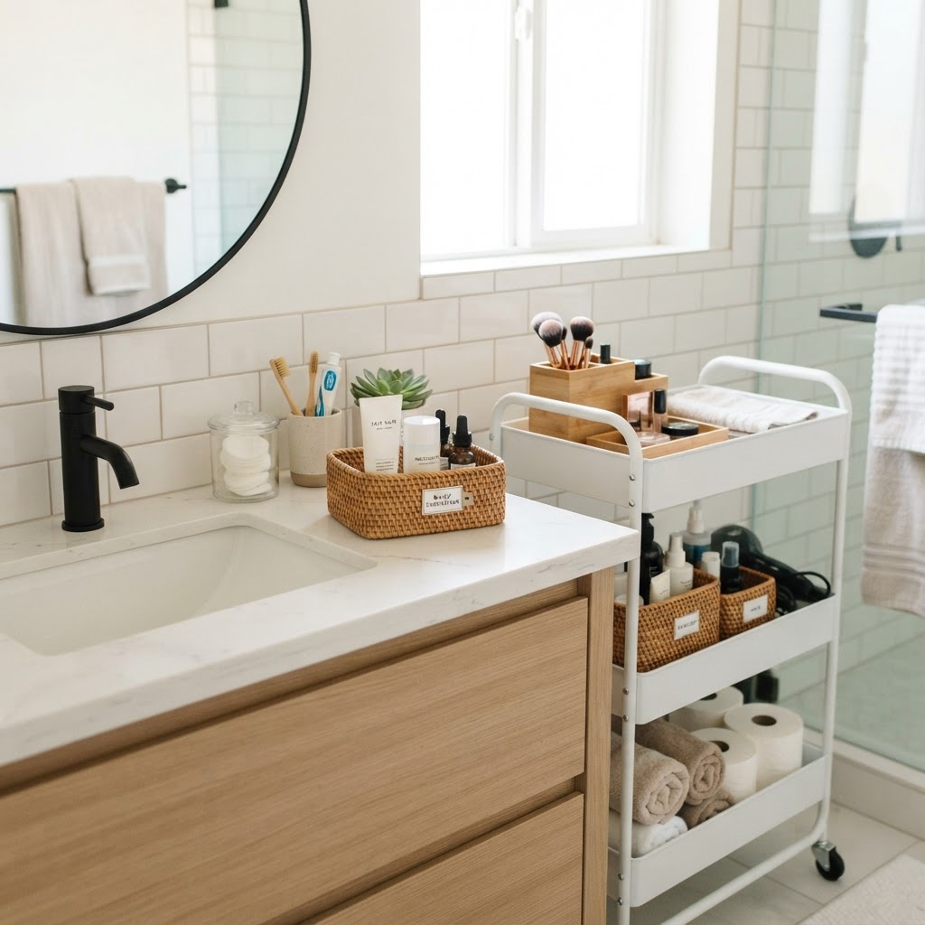 Small storage bins help keep bathroom essentials tidy and accessible.