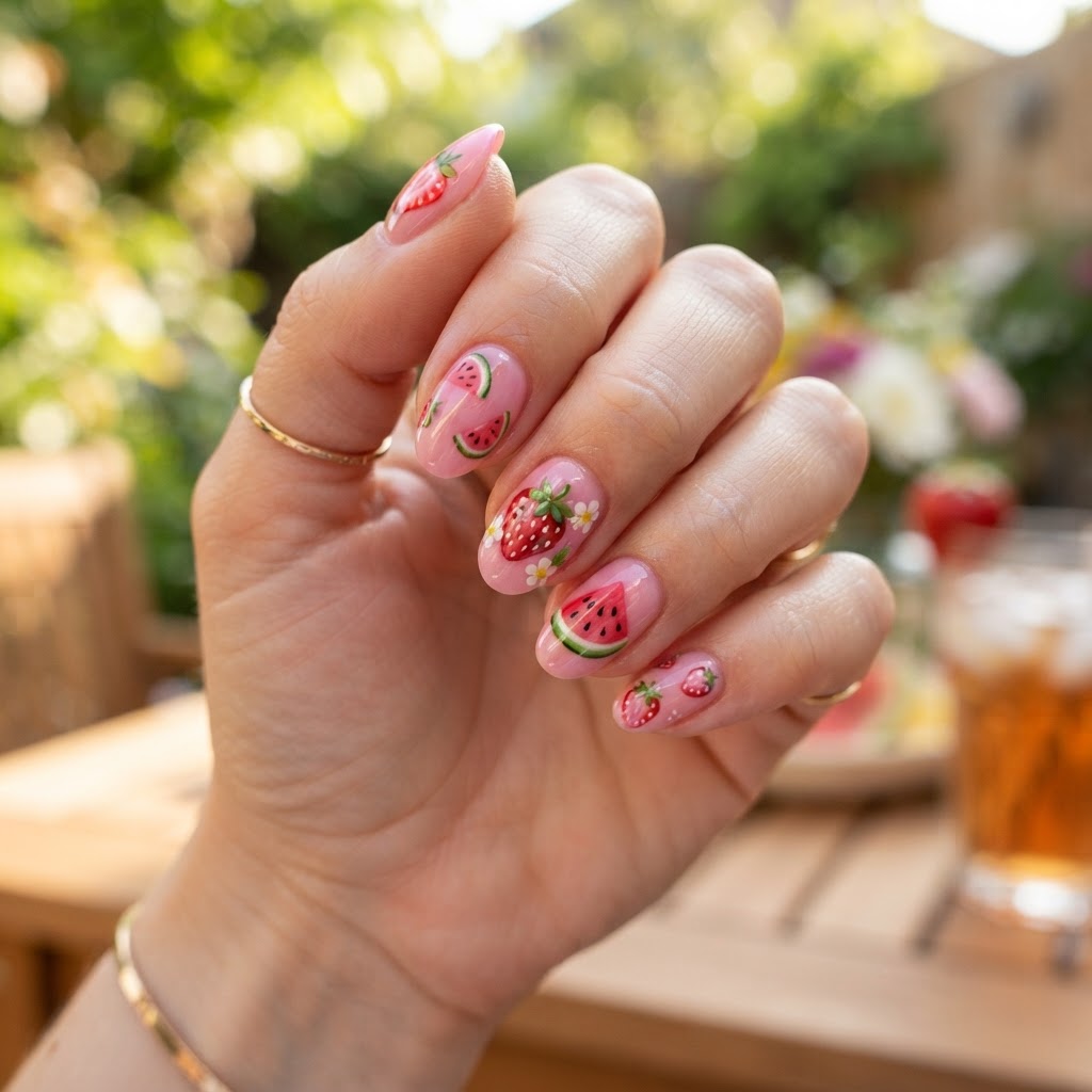 Vibrant fruit-themed press-on nails for a playful summer look.