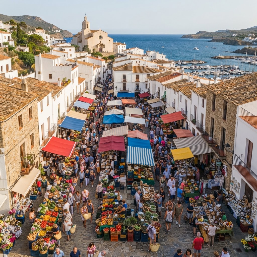 A typical, bustling market day in a coastal Catalan village.