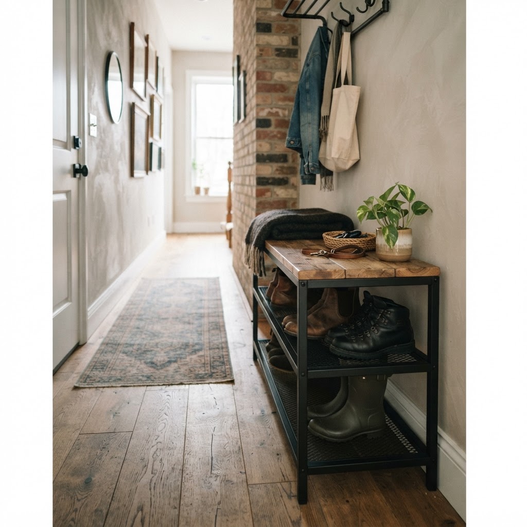 Industrial style storage bench for narrow hallways.