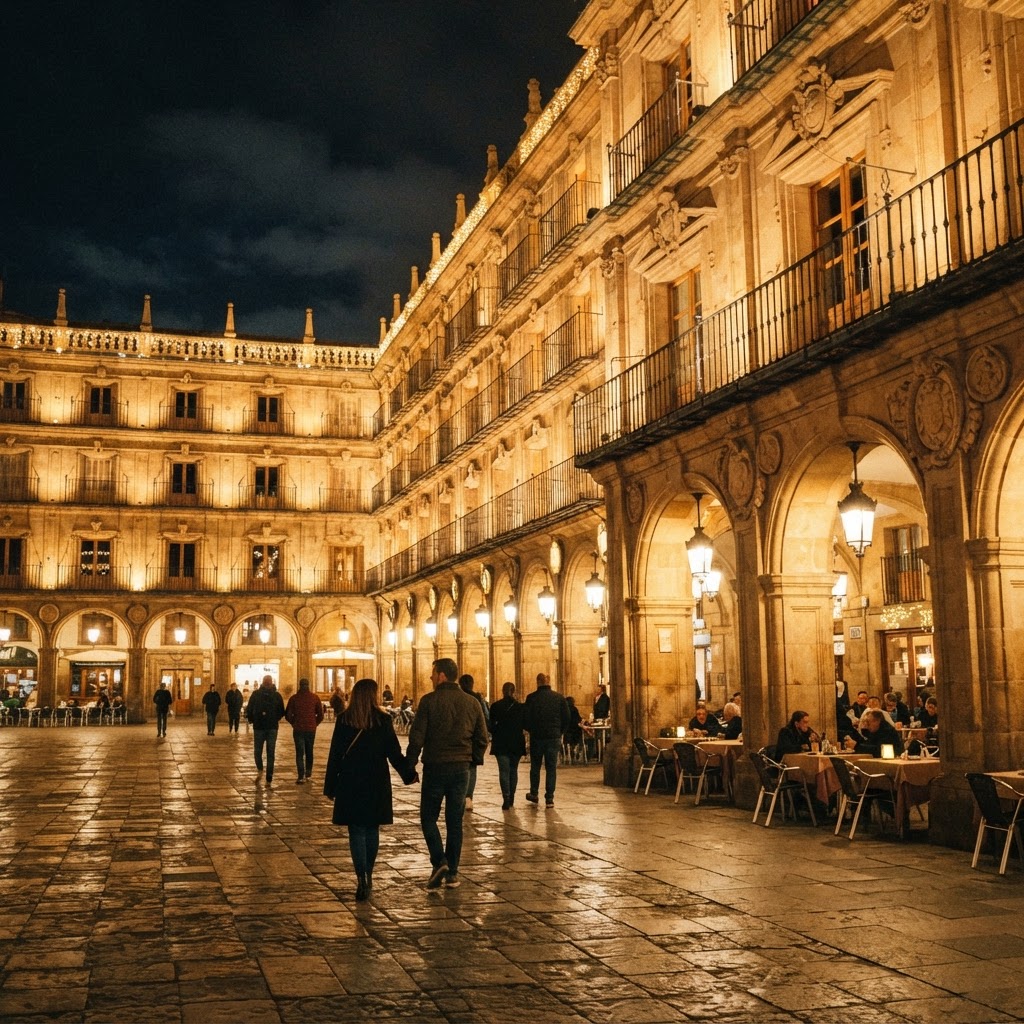 The warm, historic ambiance of Plaza Mayor in Salamanca at night.