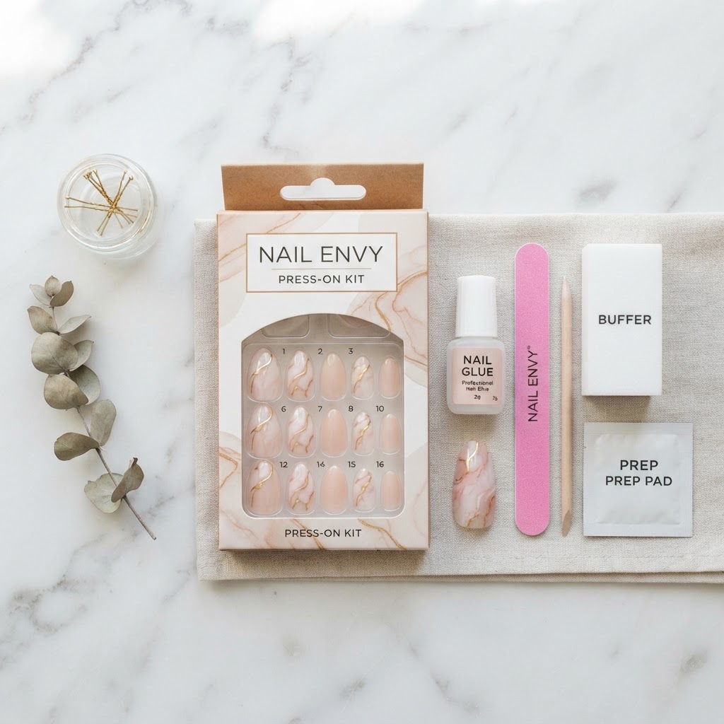 Essential tools for a professional DIY press-on nail manicure.