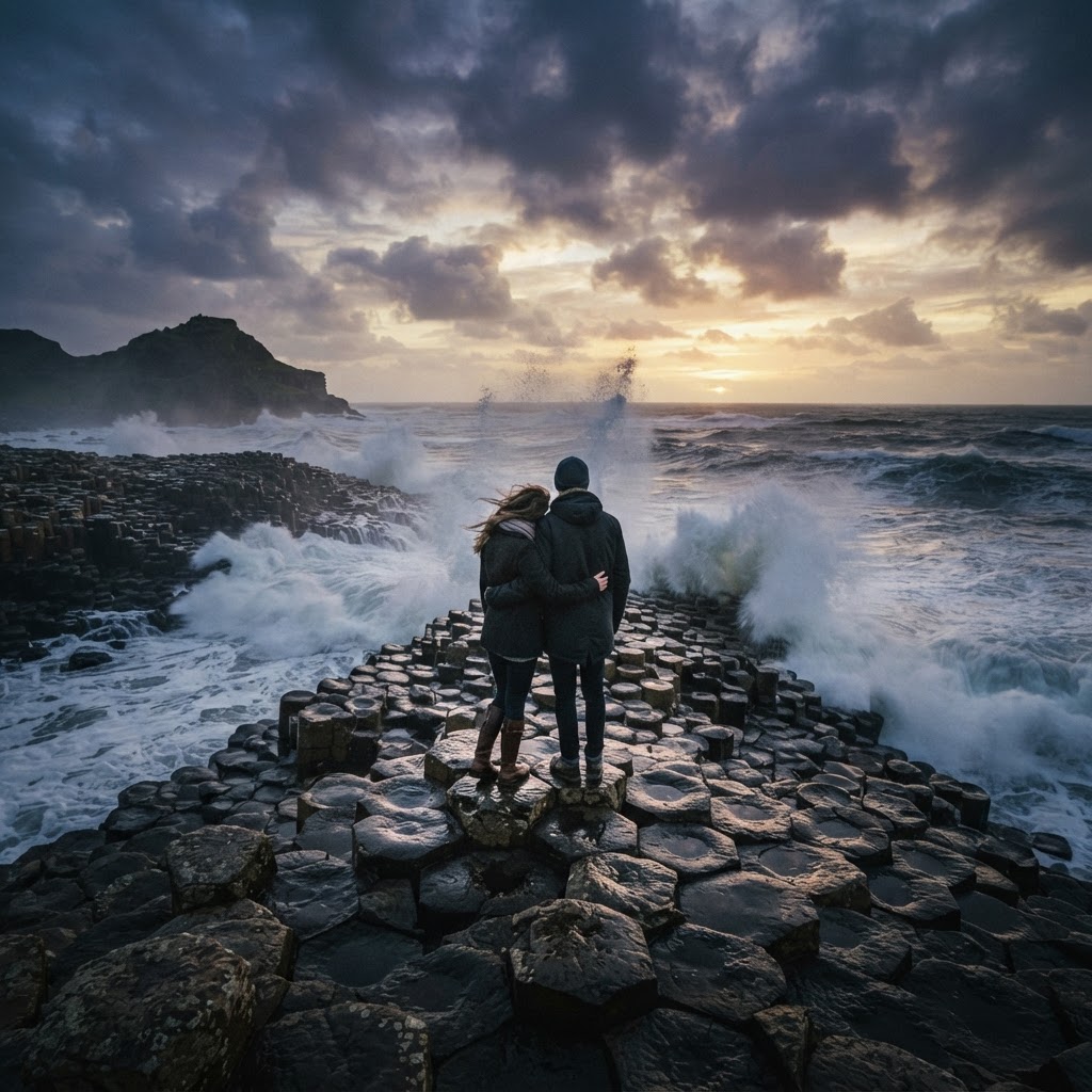 The otherworldly Giant's Causeway provides a dramatic and unique setting for engagement photos.