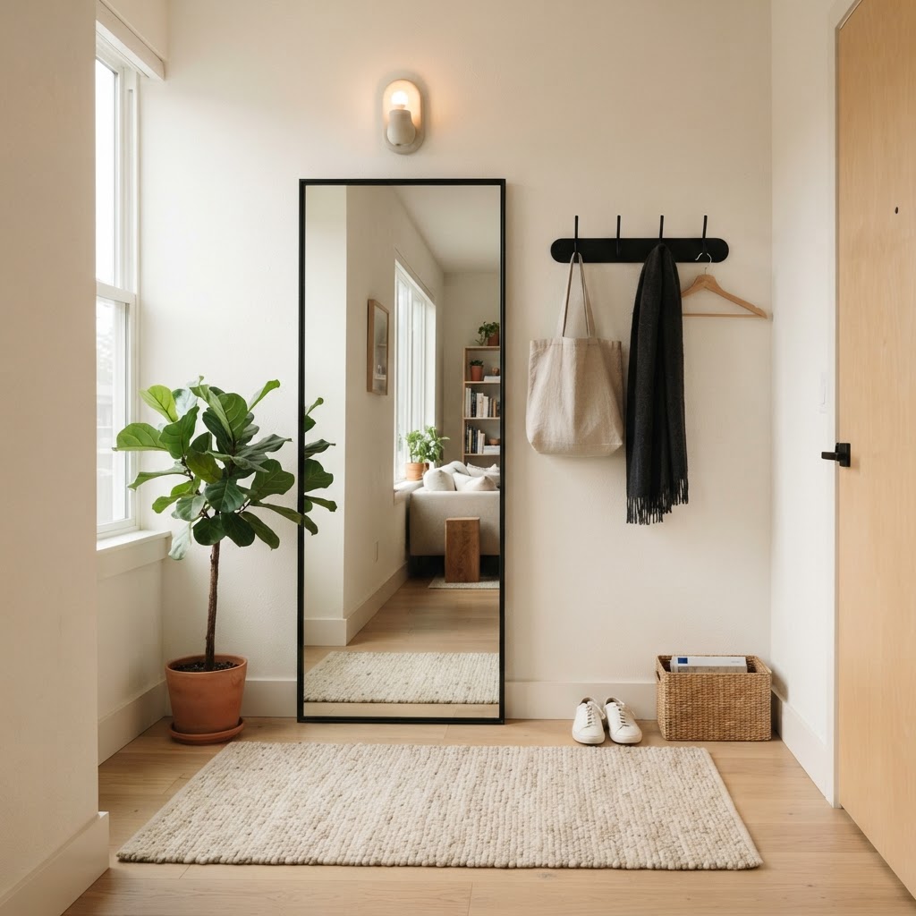 Large mirrors help expand the visual size of a small entryway.