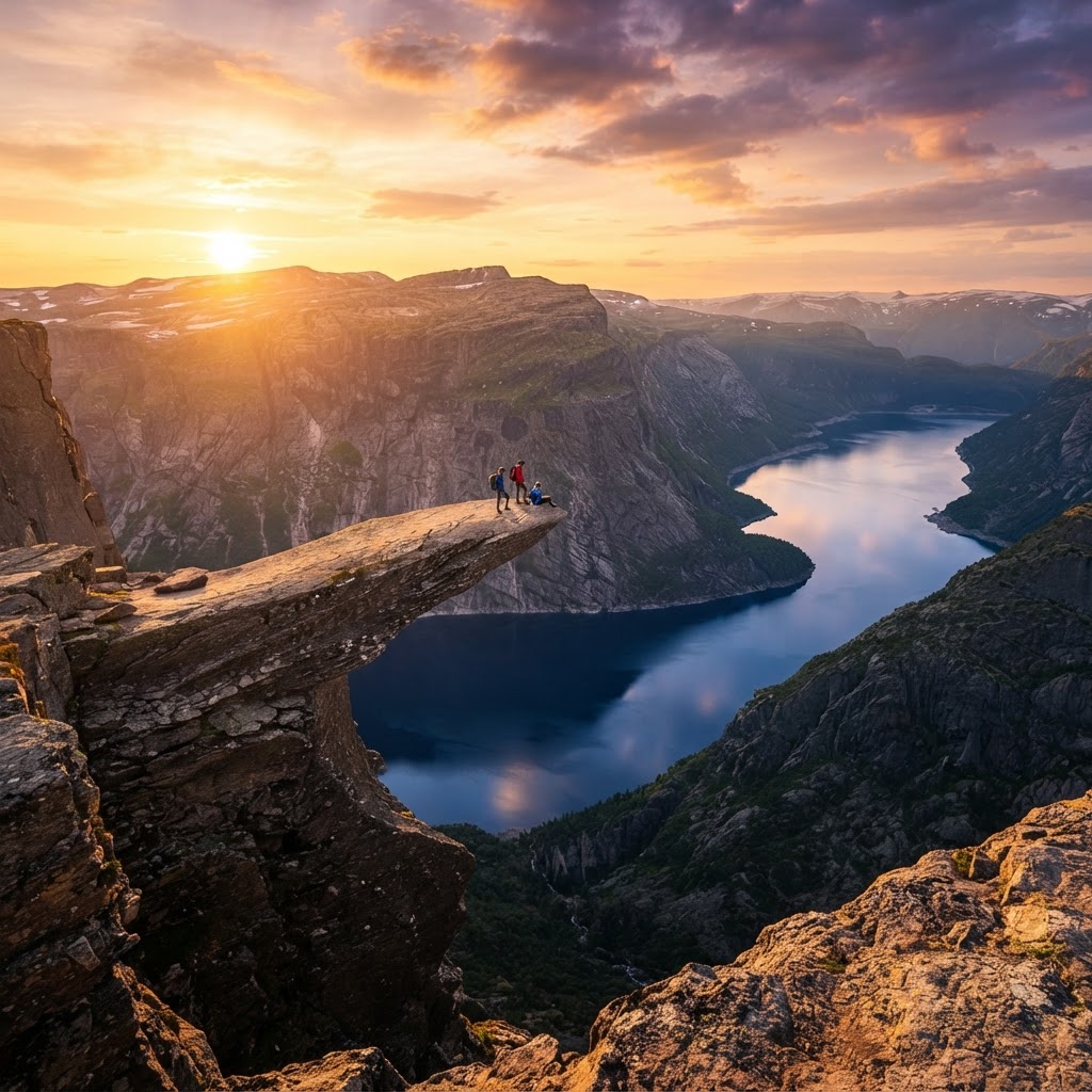 The legendary Trolltunga rock bathed in the golden light of a late summer sunset.