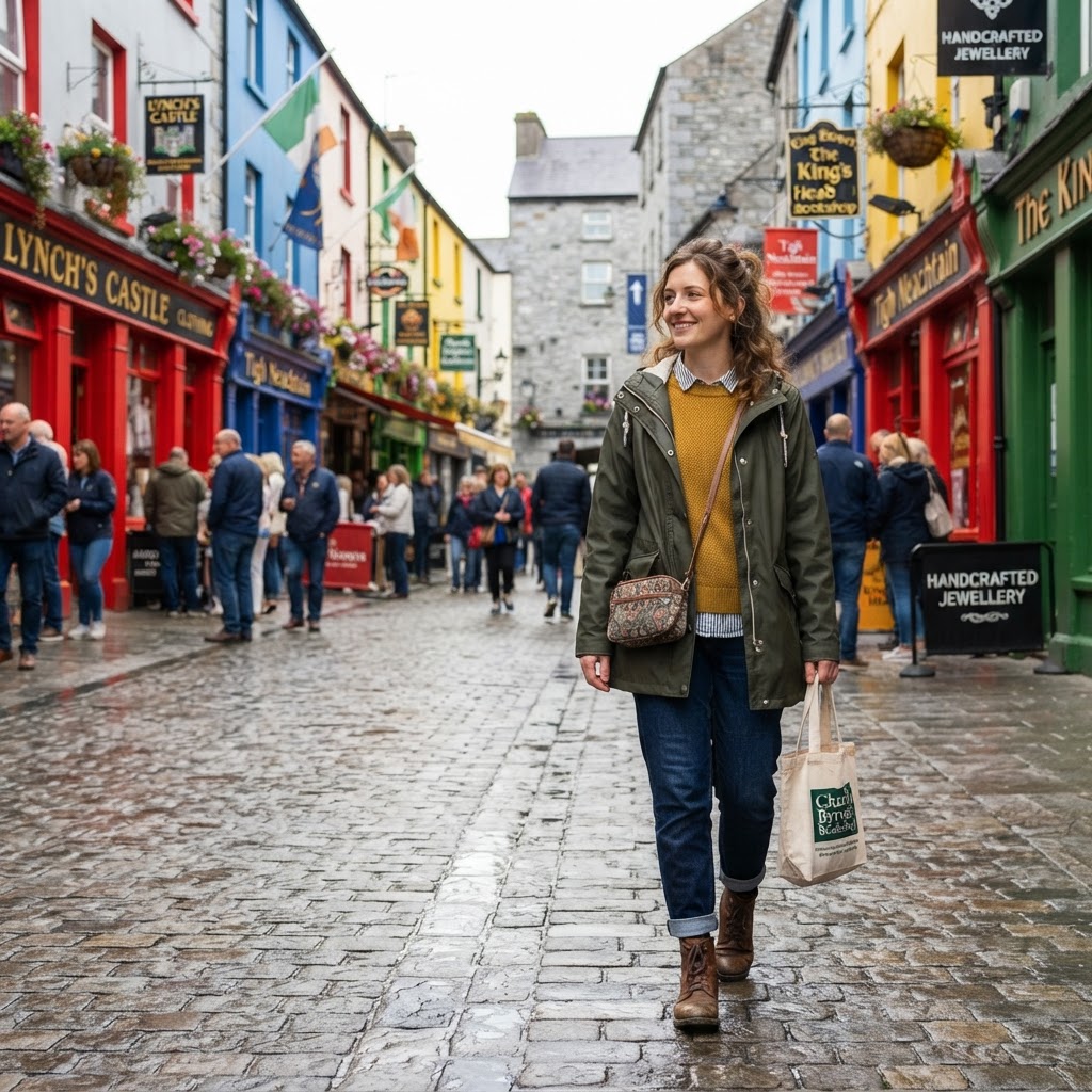 Exploring the colorful streets of Galway in practical, stylish layers.