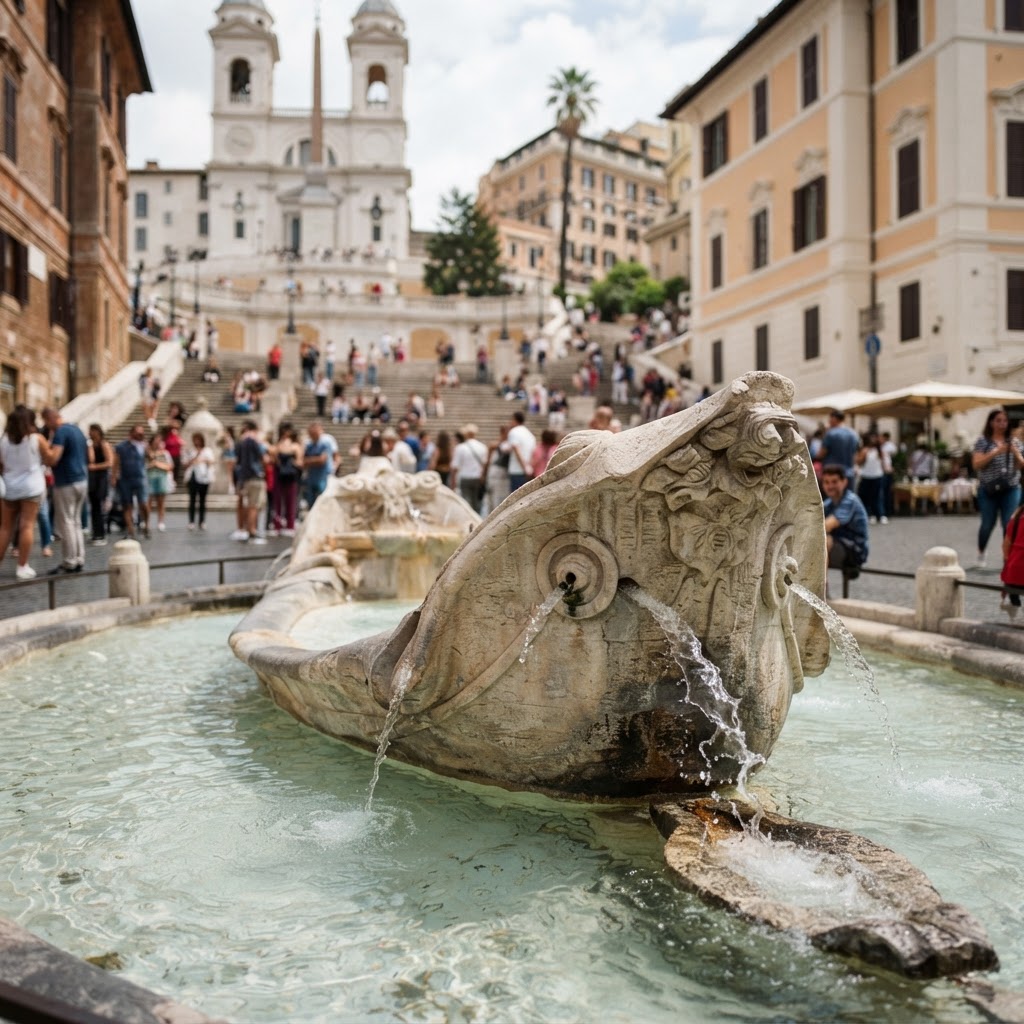 The historic Fontana della Barcaccia at the foot of the stairs.