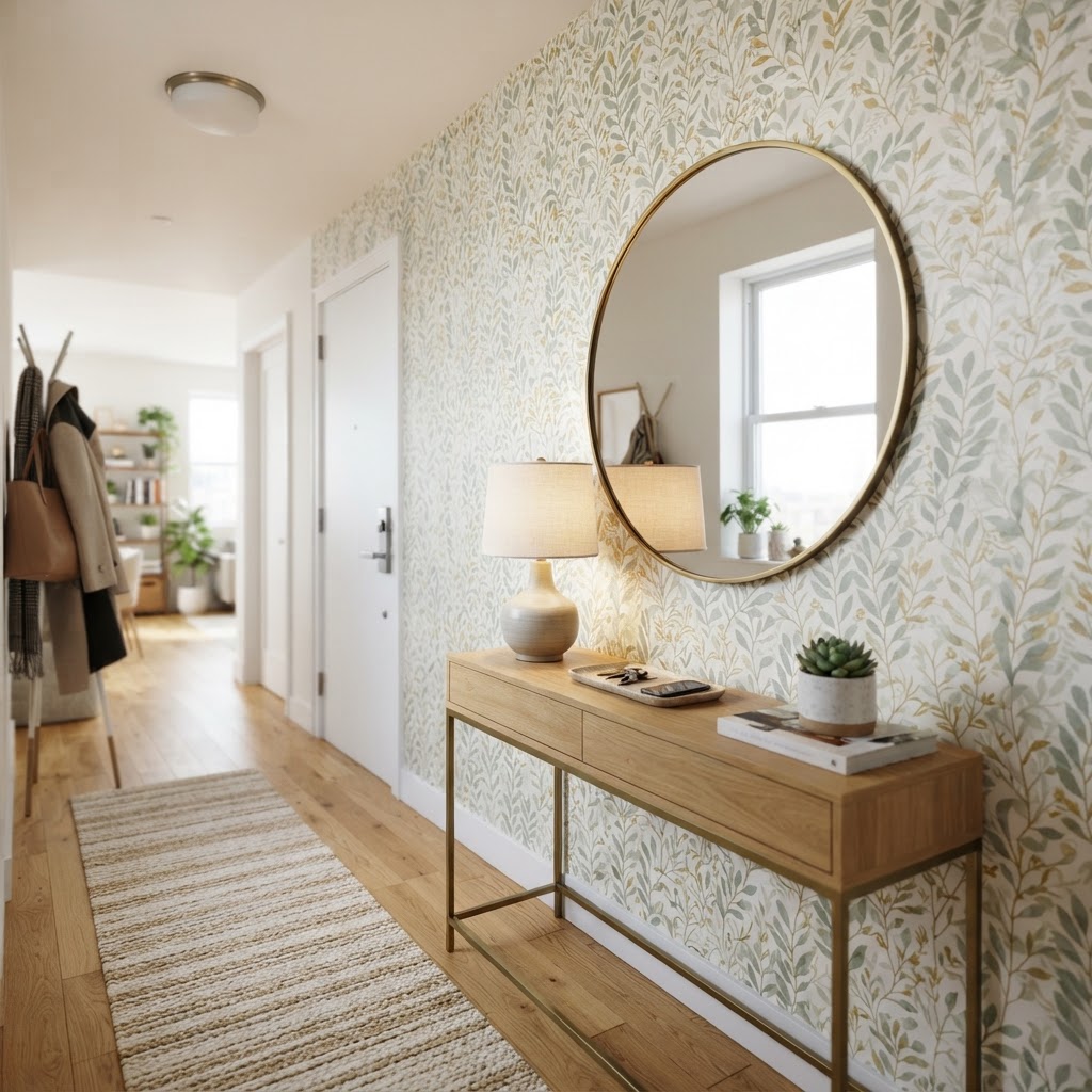 Peel-and-stick wallpaper adds instant character to any rental foyer.