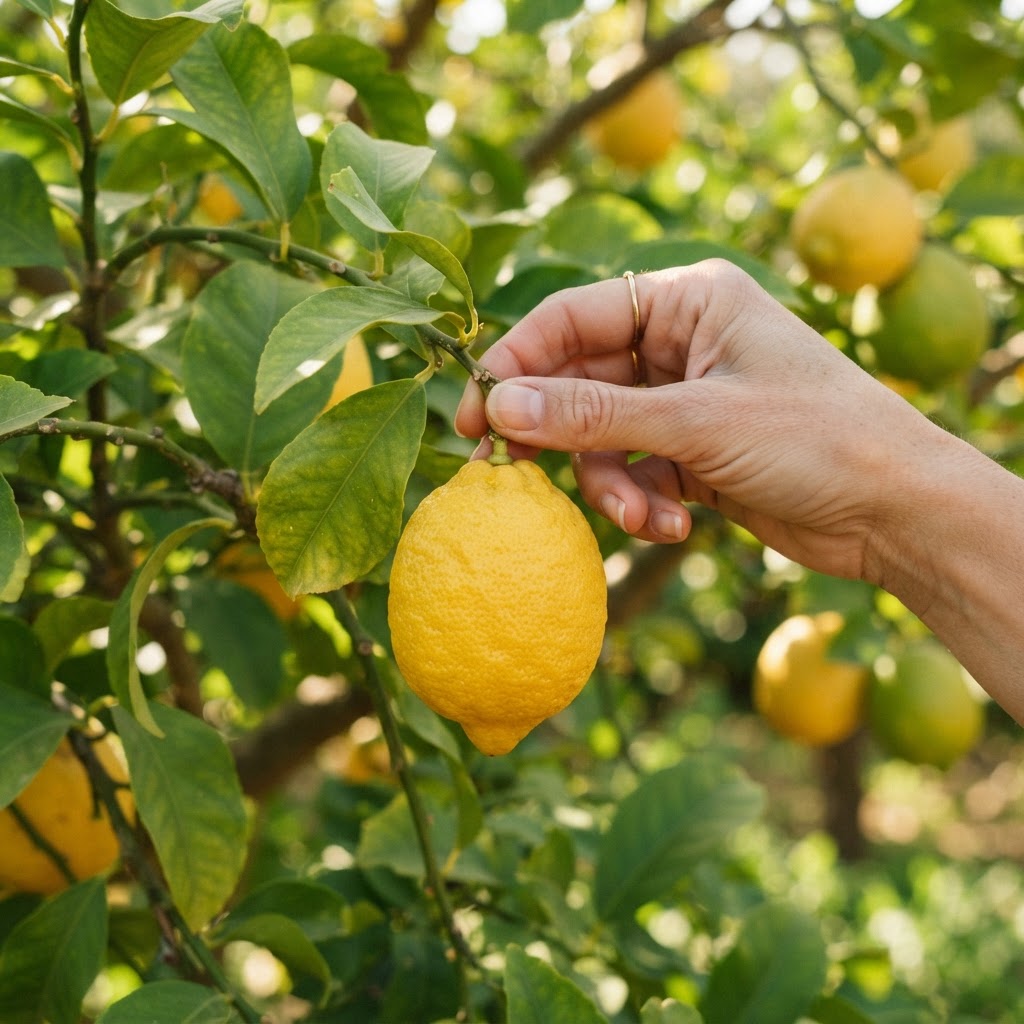 Carefully harvesting the peak-ripeness lemons, known for their aromatic skin.