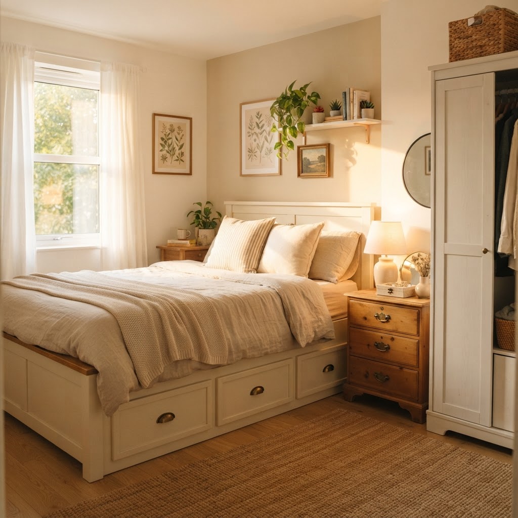 Multifunctional furniture is key to mastering small bedroom storage.