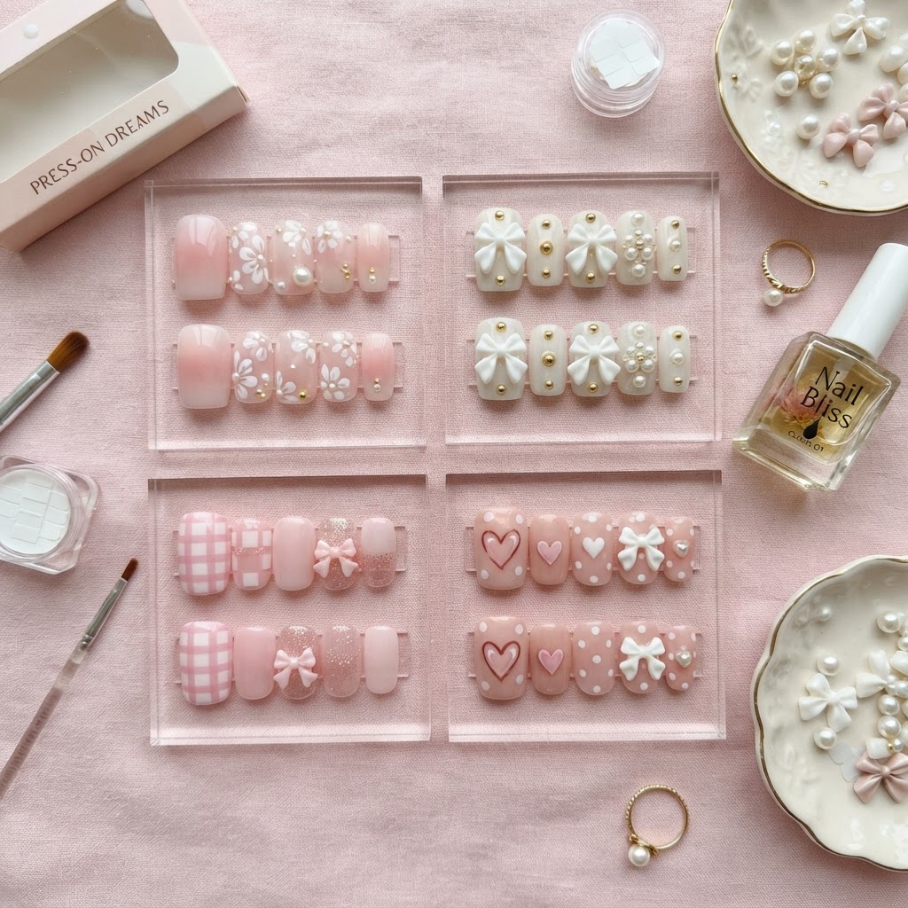 A collection of cute and trendy square press-on designs.