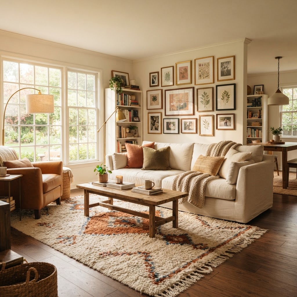 Warm lighting and area rugs instantly make a rental feel like a home.