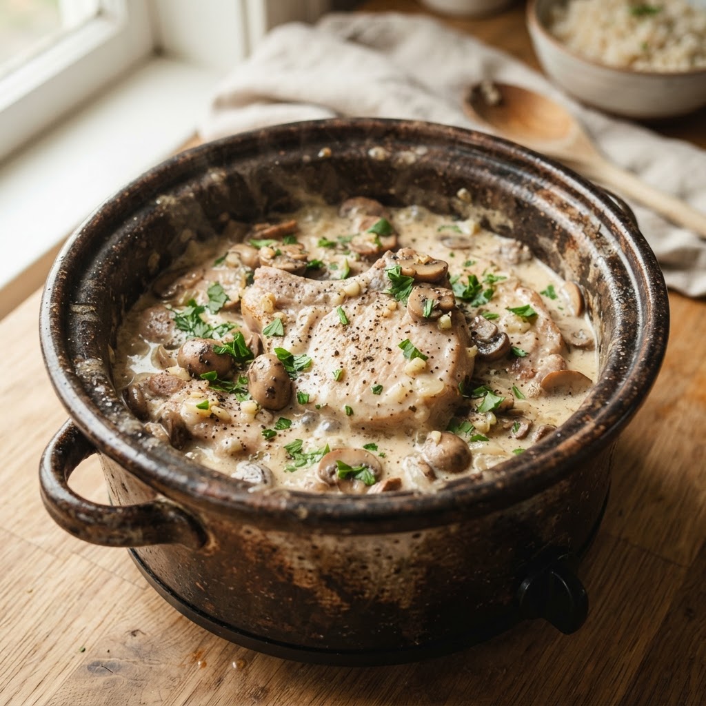 Juicy slow cooker pork chops coated in a rich, velvety creamy sauce.