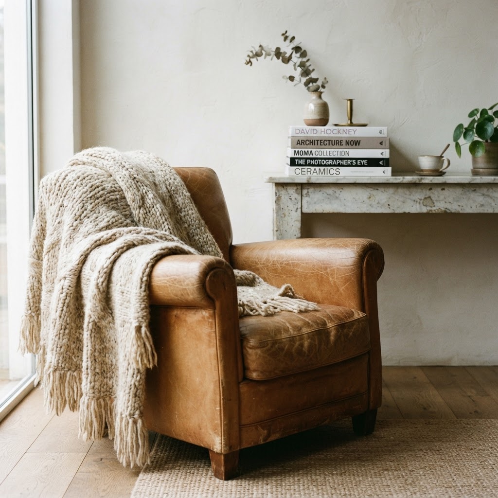 Textures of linen, leather, and stone in a neutral-toned home.