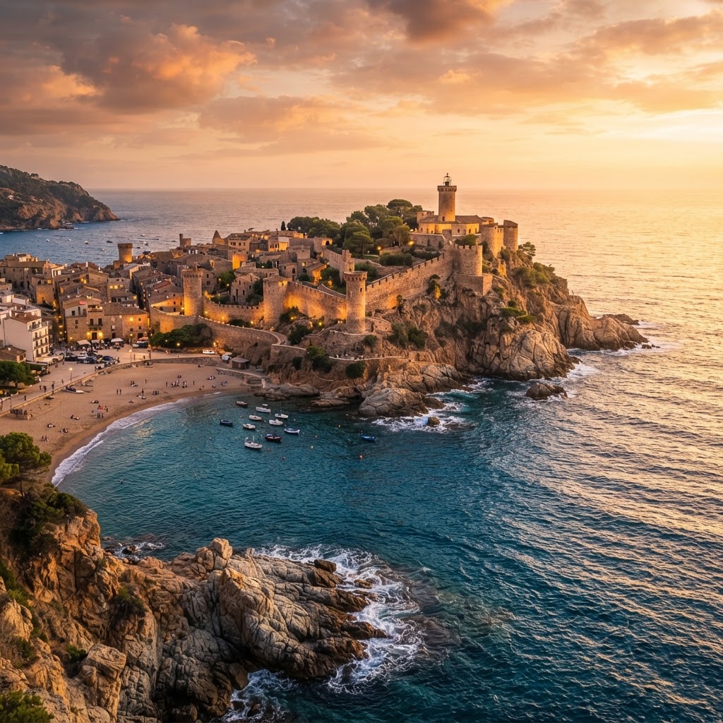 The historic fortress walls of Tossa de Mar towering over the Mediterranean.