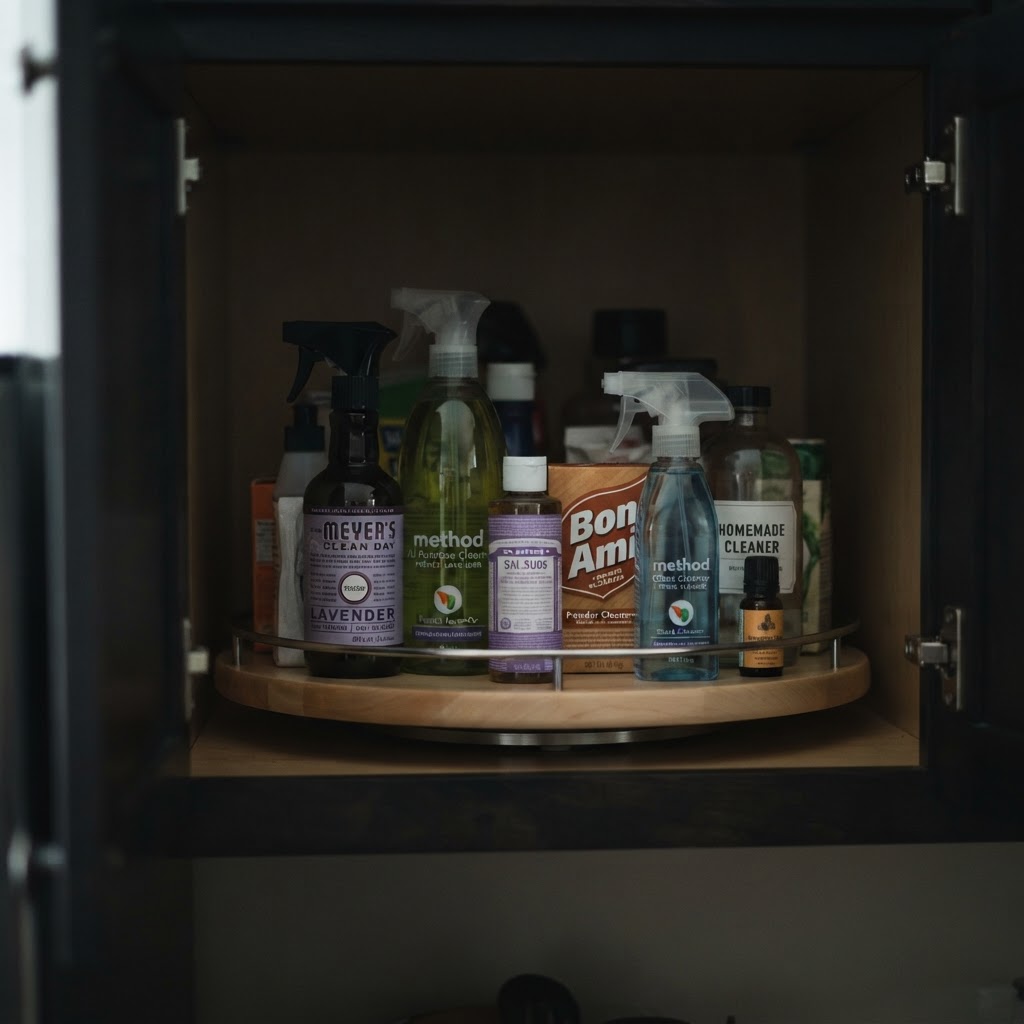 A Lazy Susan makes reaching cleaning supplies effortless.