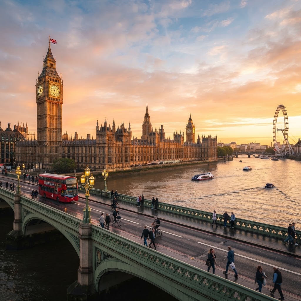 Big Ben and the Houses of Parliament glowing at sunrise.