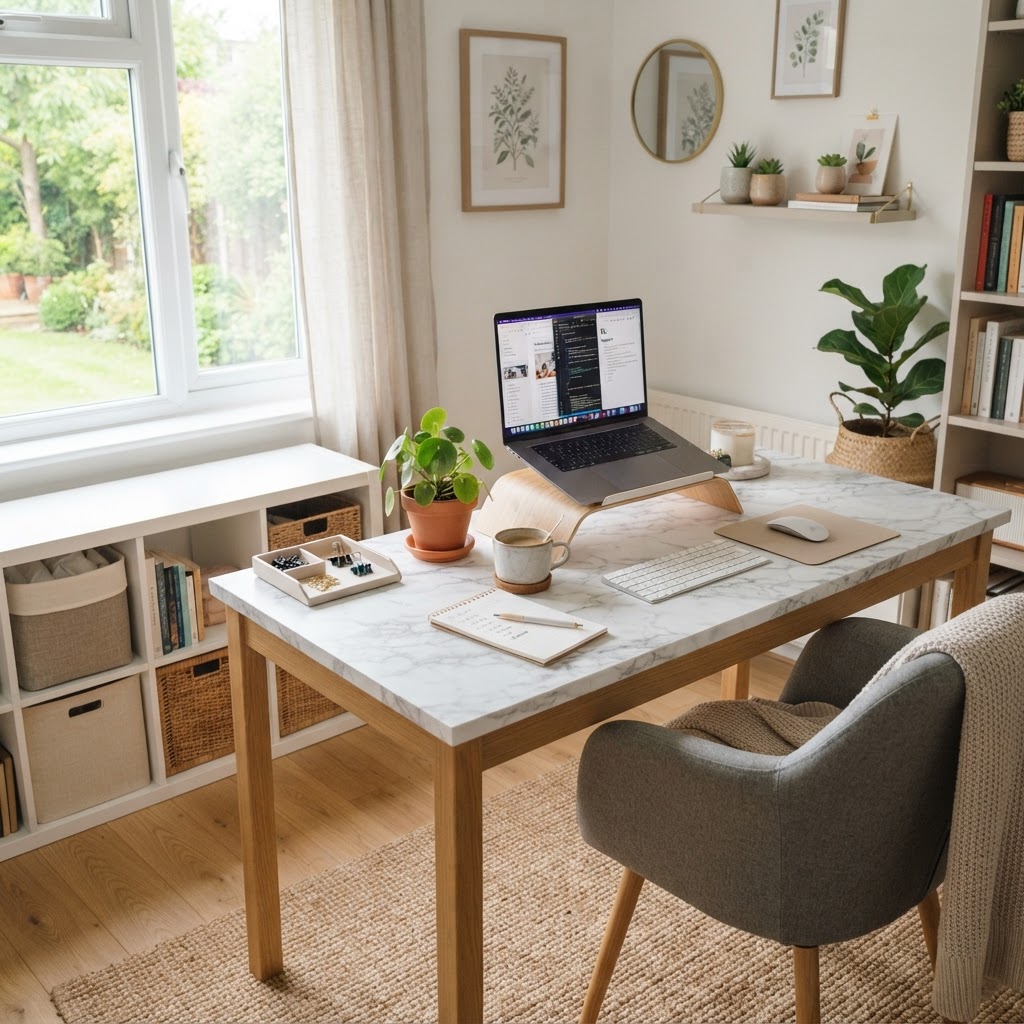 Use wallpaper remnants to refresh furniture surfaces for a cohesive look.