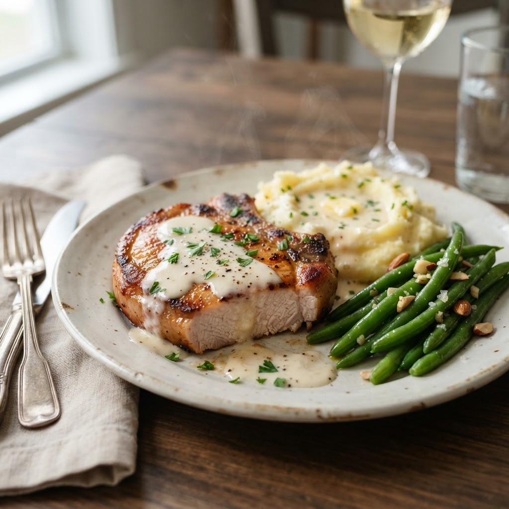 Tender, juicy pork chops served with a side of creamy sauce.
