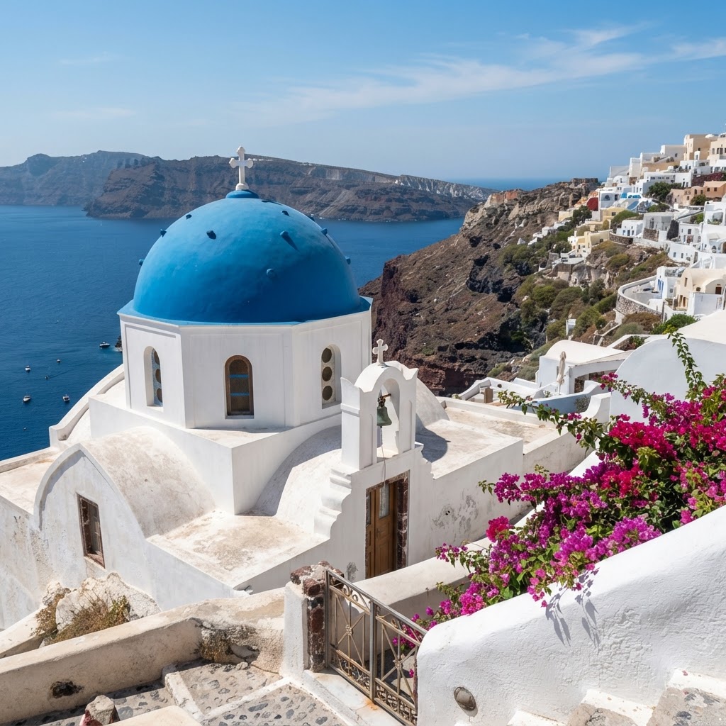 The iconic blue domes of Oia are best seen from quiet, elevated paths.