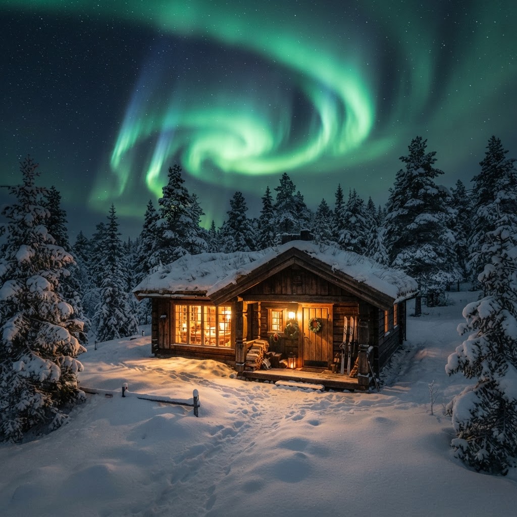 A magical night watching the Northern Lights from a traditional cabin.