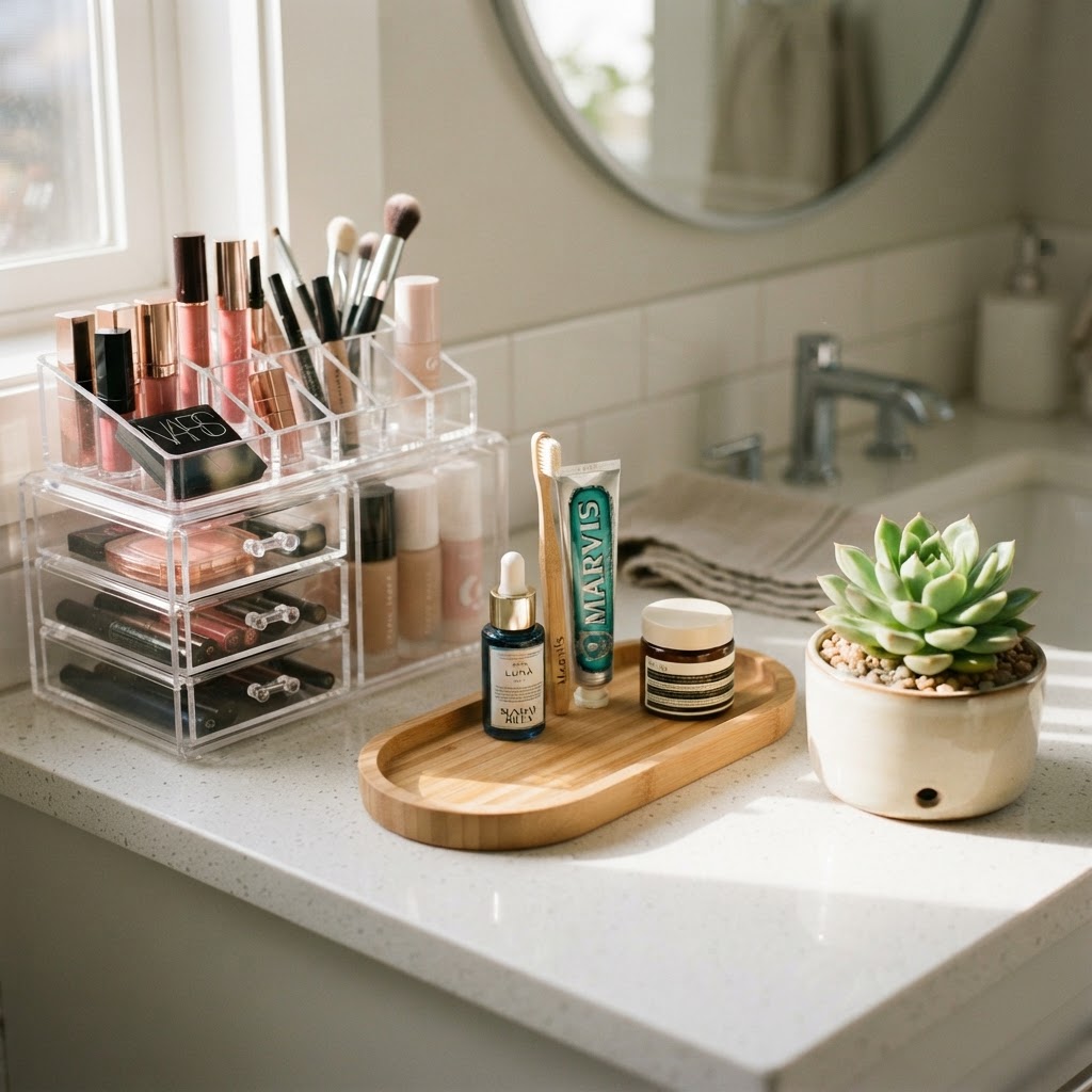 Using clear acrylic bins is a perfect way to keep vanity essentials tidy.
