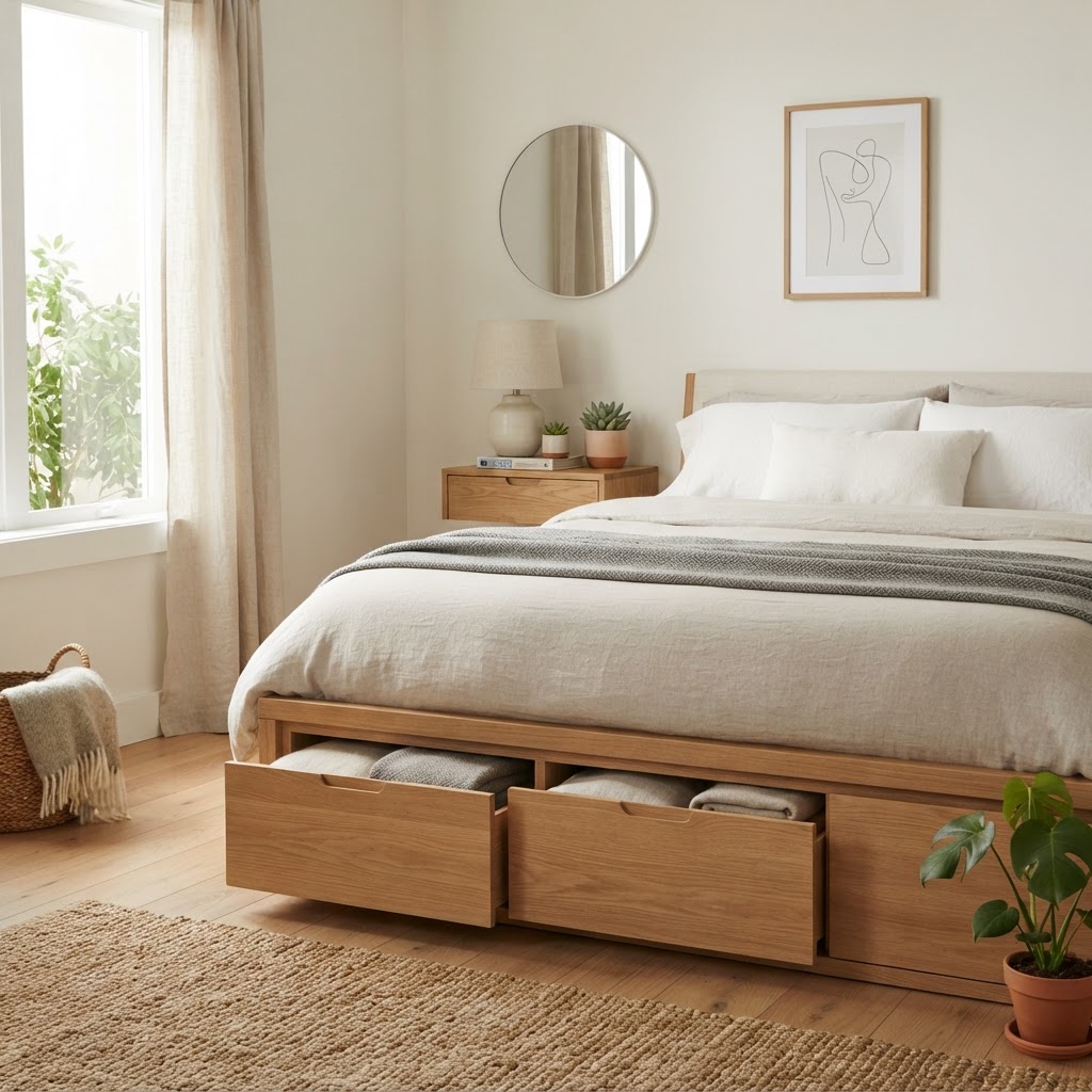 Multi-functional furniture like drawer-base beds hides clutter perfectly.