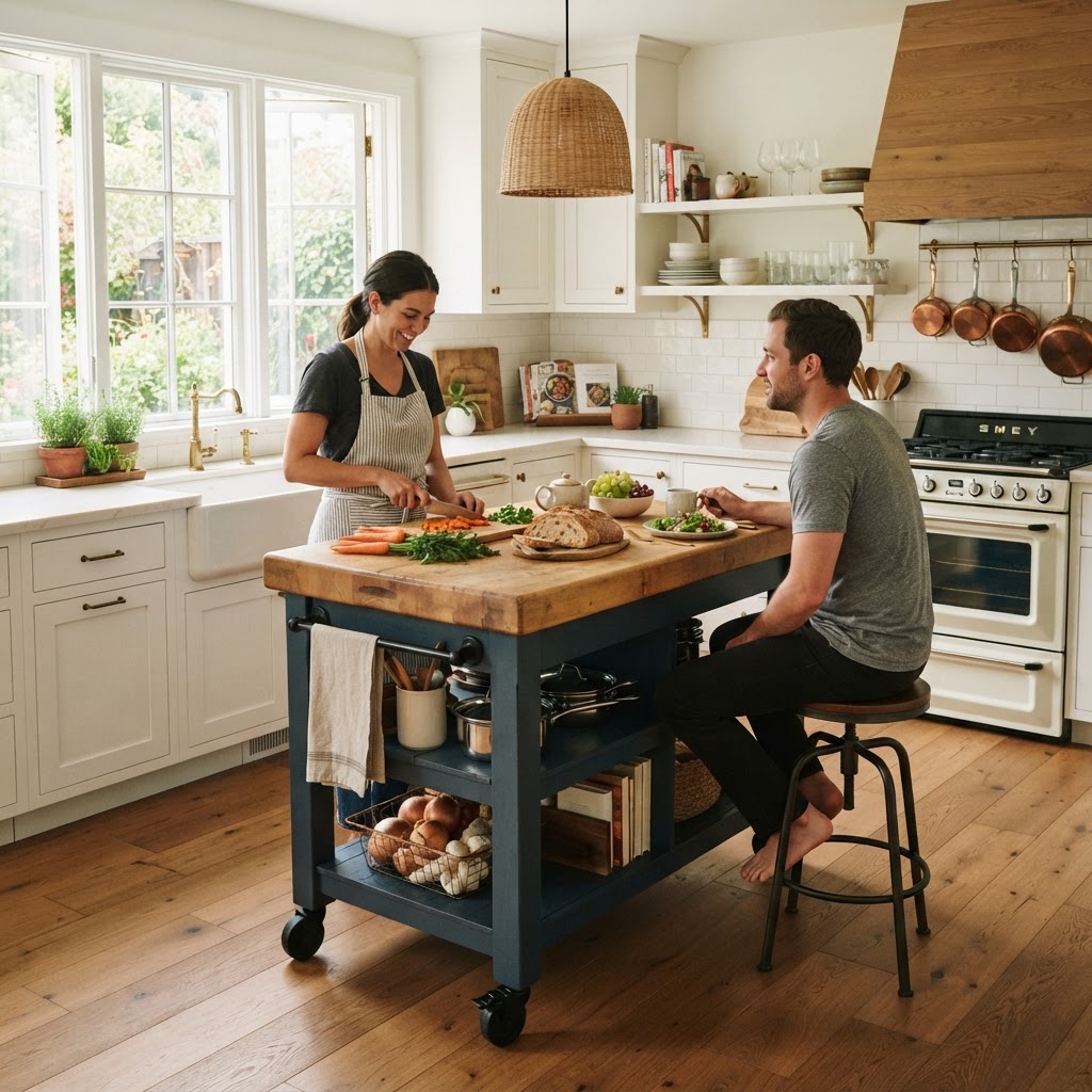 Mobile islands provide flexible workspace and dining options.