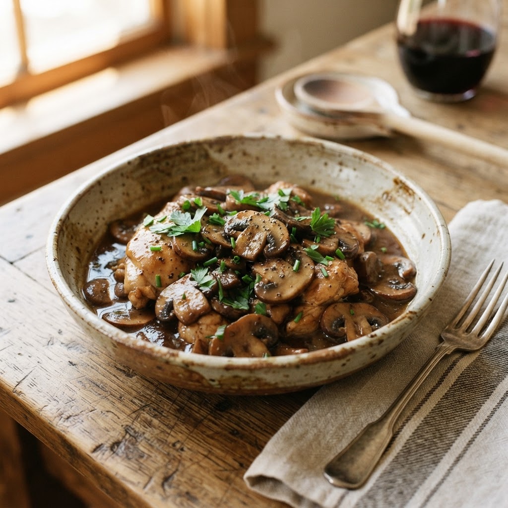 Delicious and creamy slow cooker chicken Marsala served fresh.